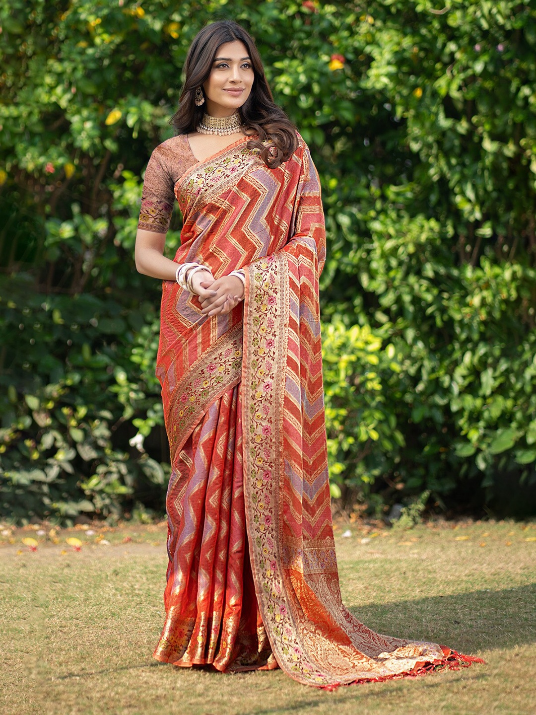 

GAJARAI Leheriya Zari Organza Banarasi Saree, Orange