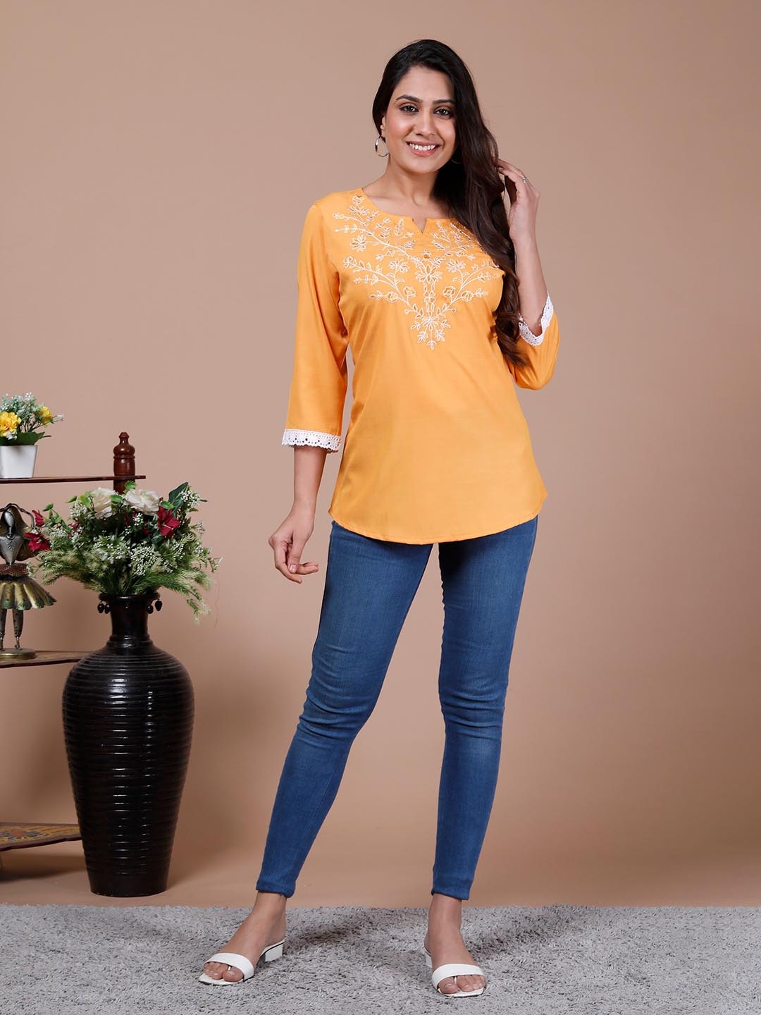

BAESD Floral Embroidered Notch Neck Top, Yellow