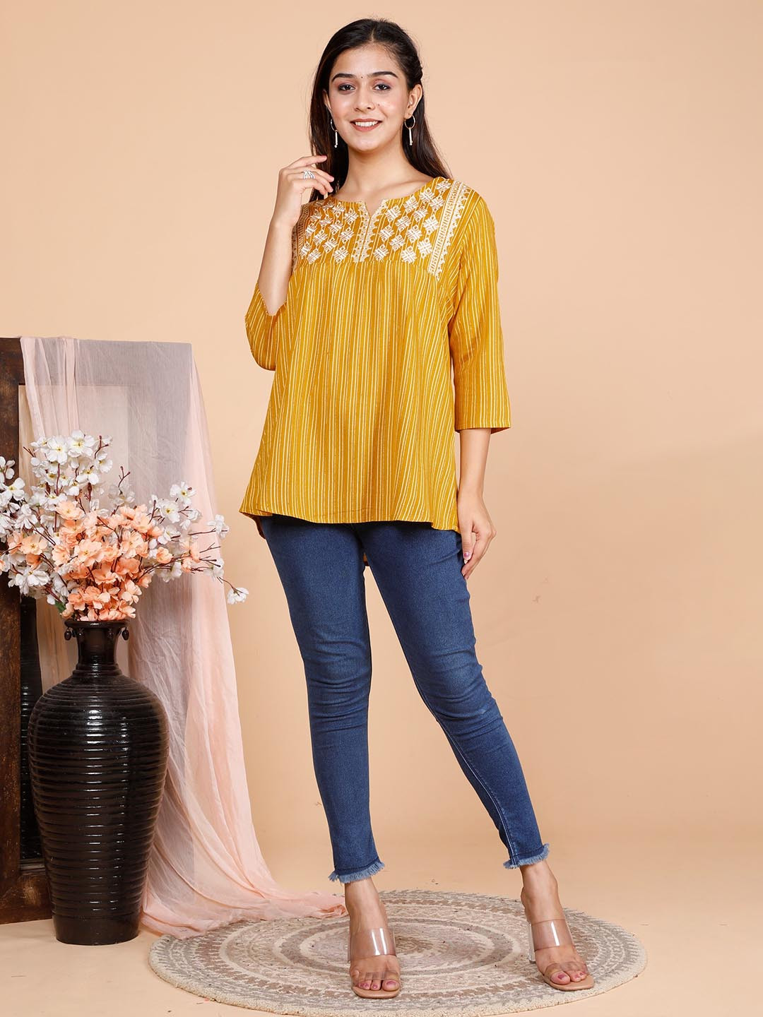 

BAESD Vertical Stripes Printed Round Neck Three-Quarter Sleeves A-Line Cotton Casual Top, Yellow