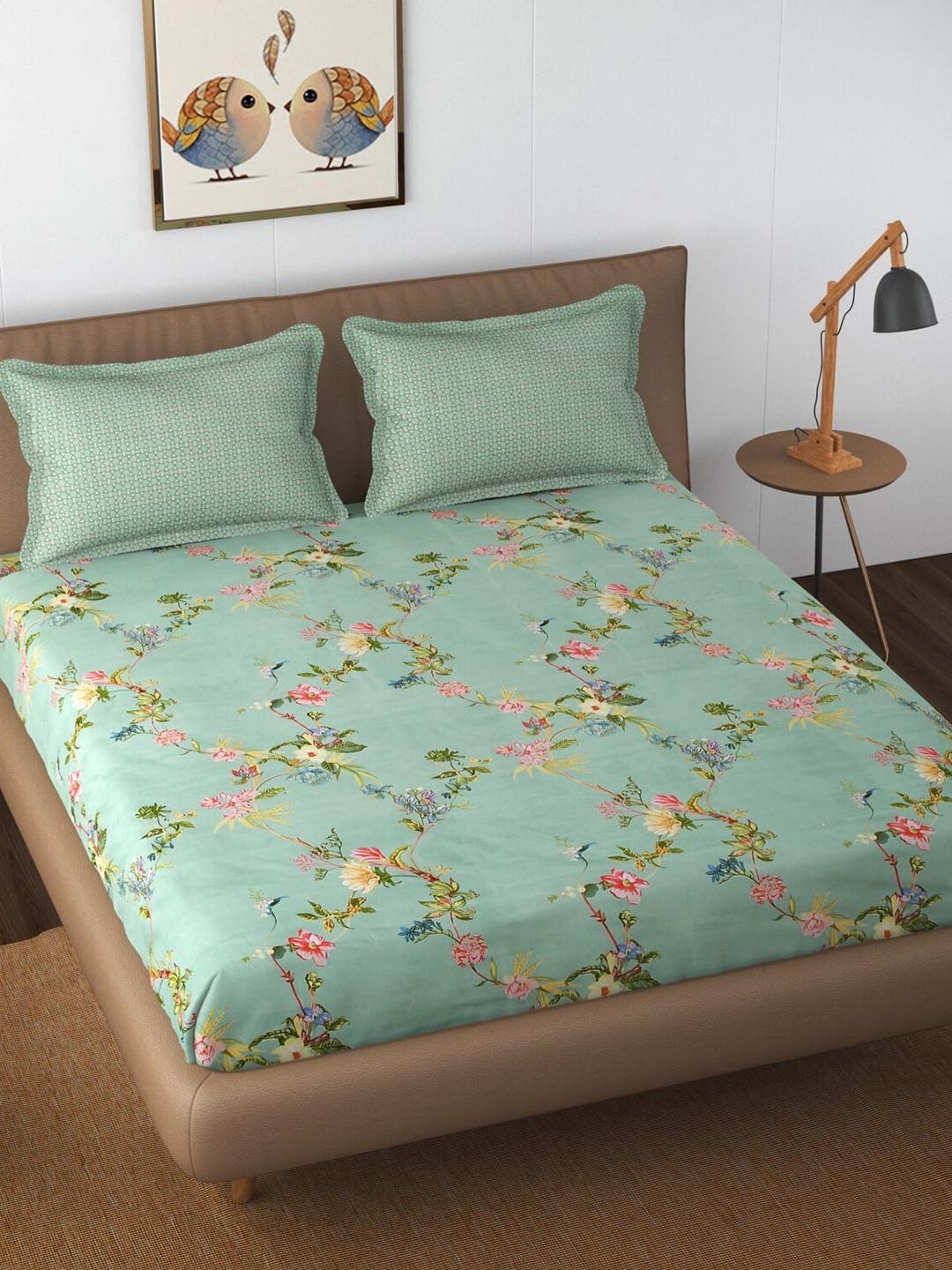 

Florida Green Floral 180 TC Fitted King Bedsheet with 1 Pillow Covers