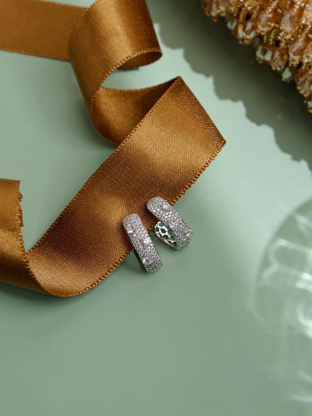 

CURIO COTTAGE Silver-Plated Cubic Zirconia Studded Contemporary Hoop Earrings