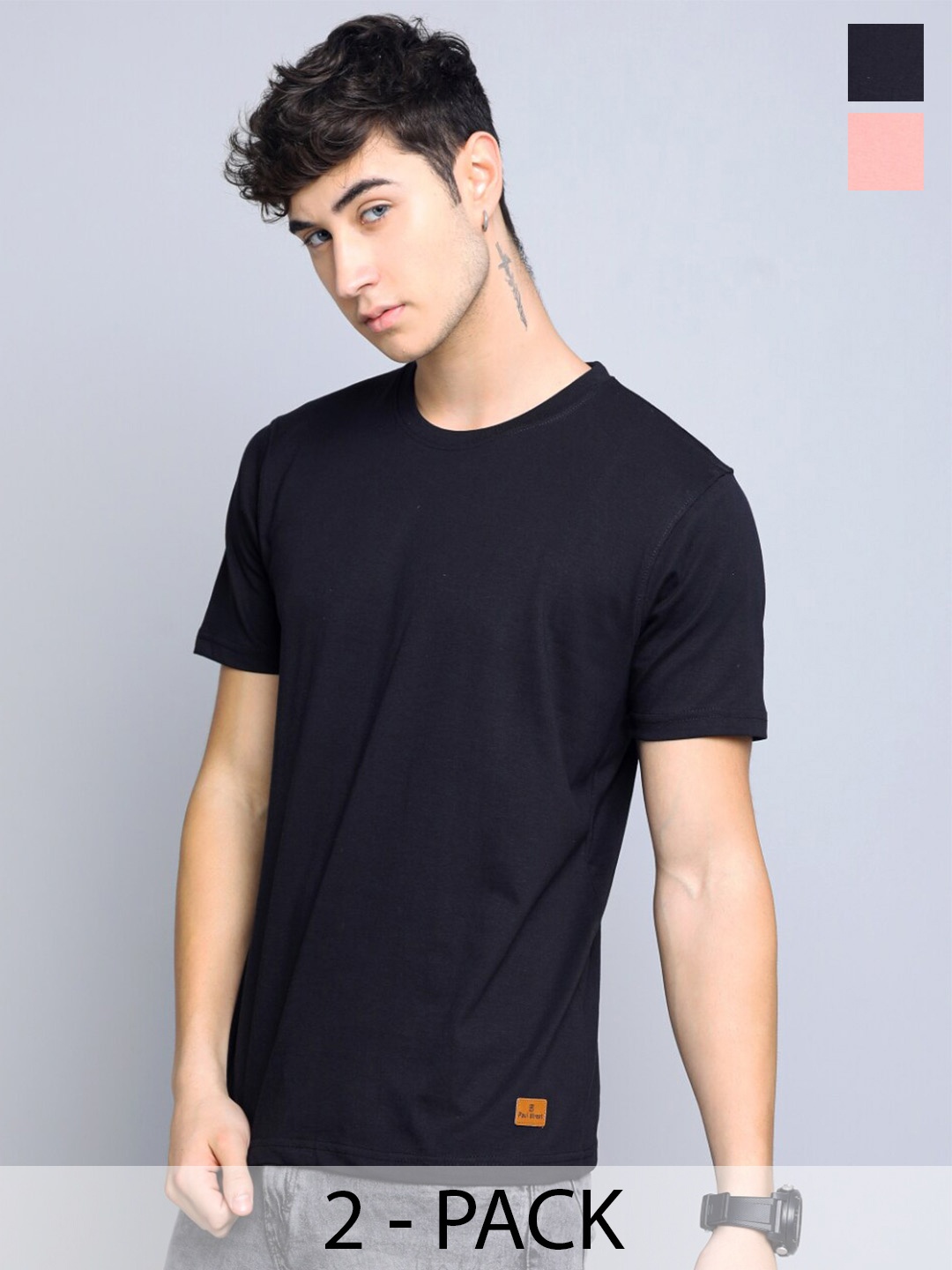 

PAUL STREET Pack of 2 Bio Finish Pure Cotton Slim Fit T-shirts, Black