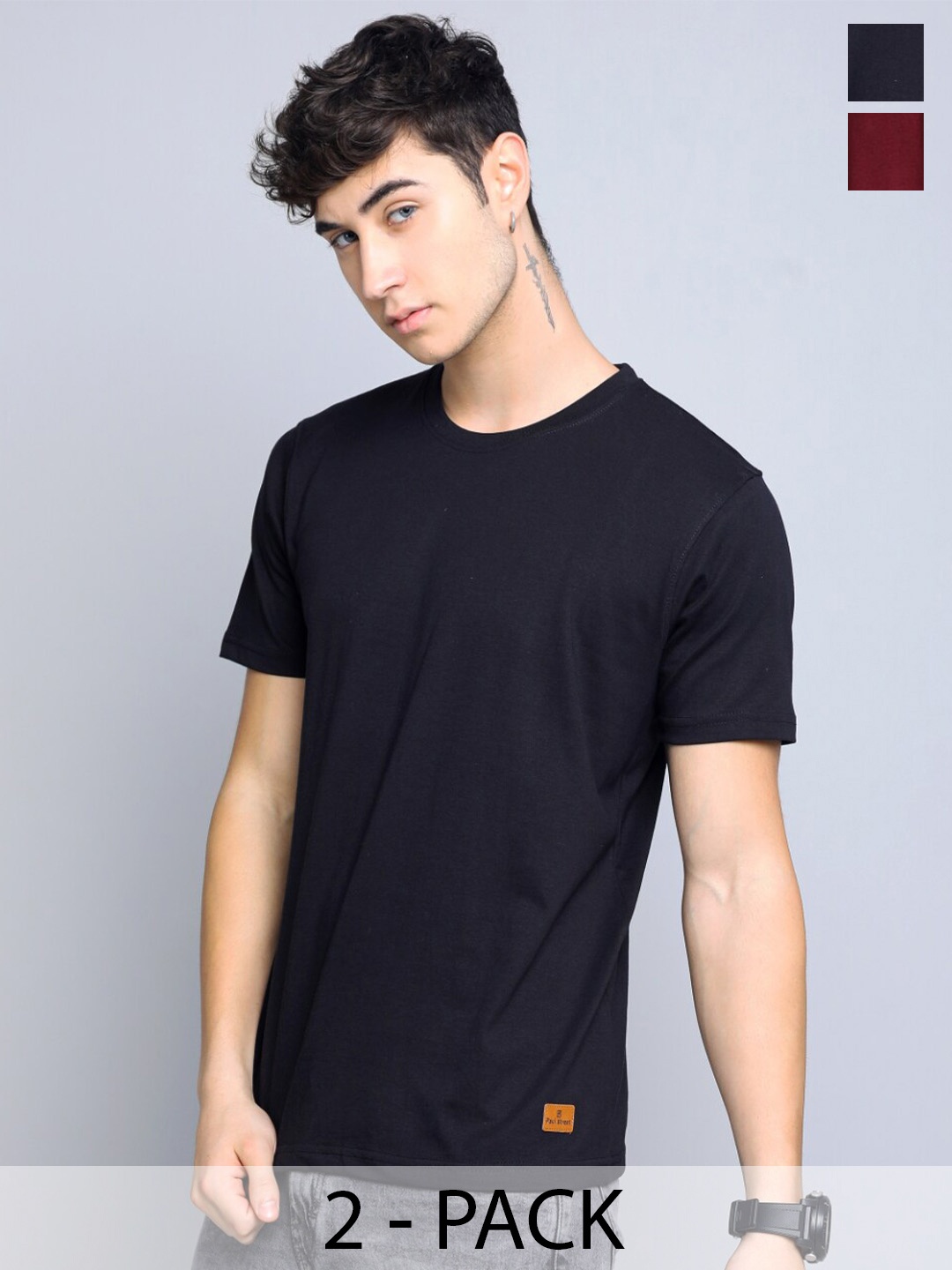 

PAUL STREET Pack of 2 Bio Finish Pure Cotton Slim Fit T-Shirts, Black