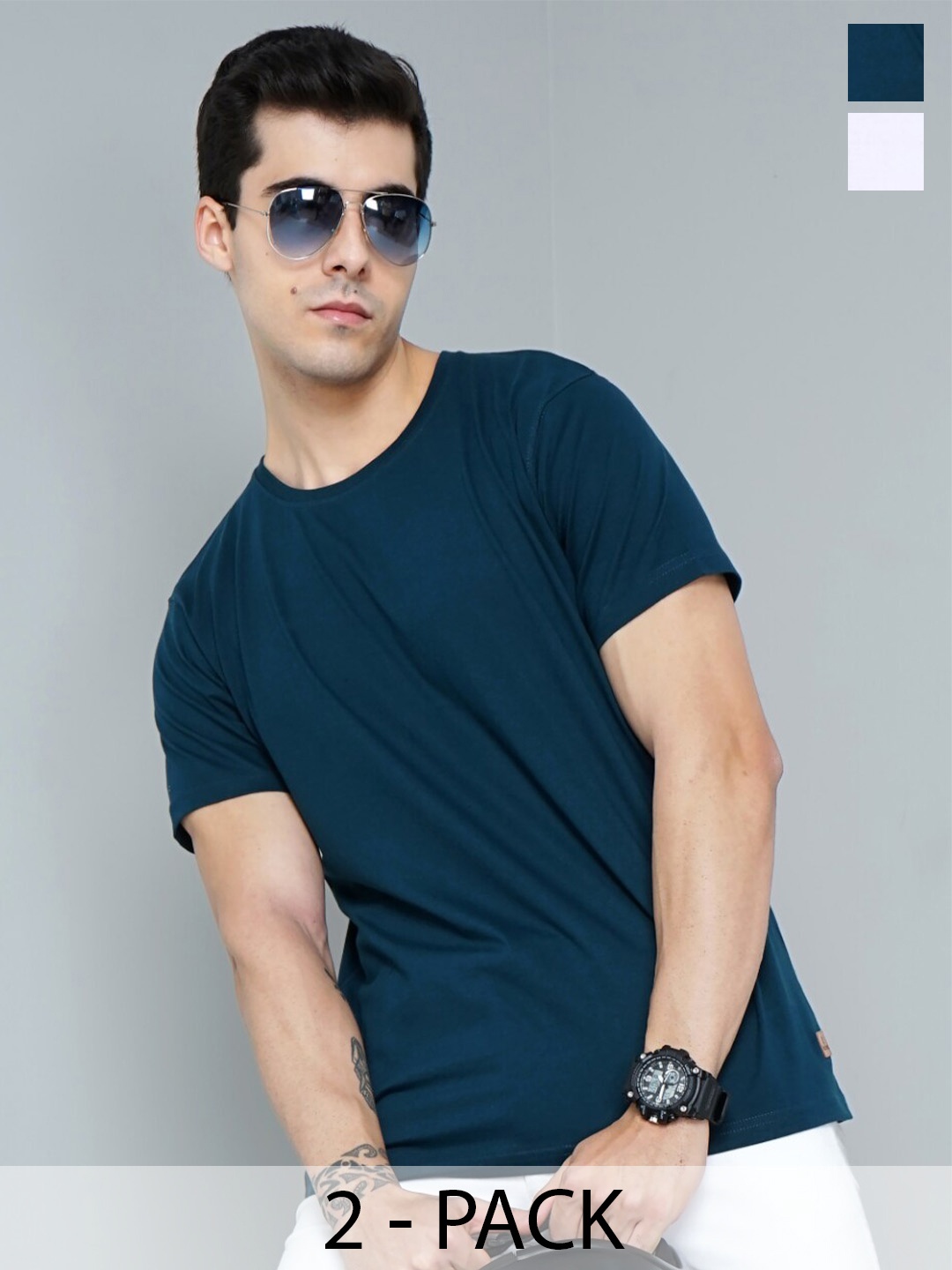 

PAUL STREET Pack of 2 Bio Finish Pure Cotton Slim Fit T-shirts, Teal