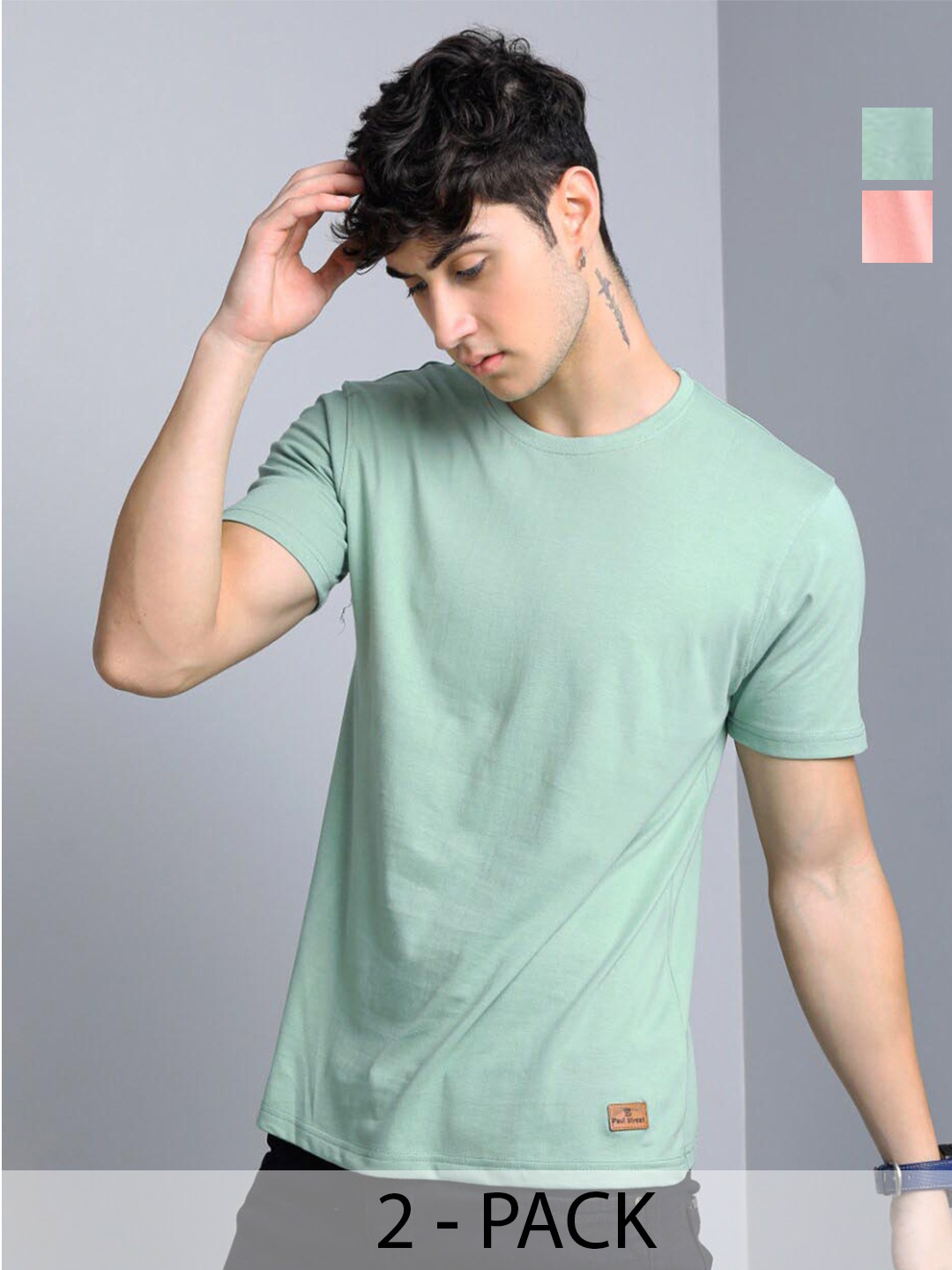 PAUL STREET Pack of 2 Bio Finish Pure Cotton Slim Fit T-shirts, Green