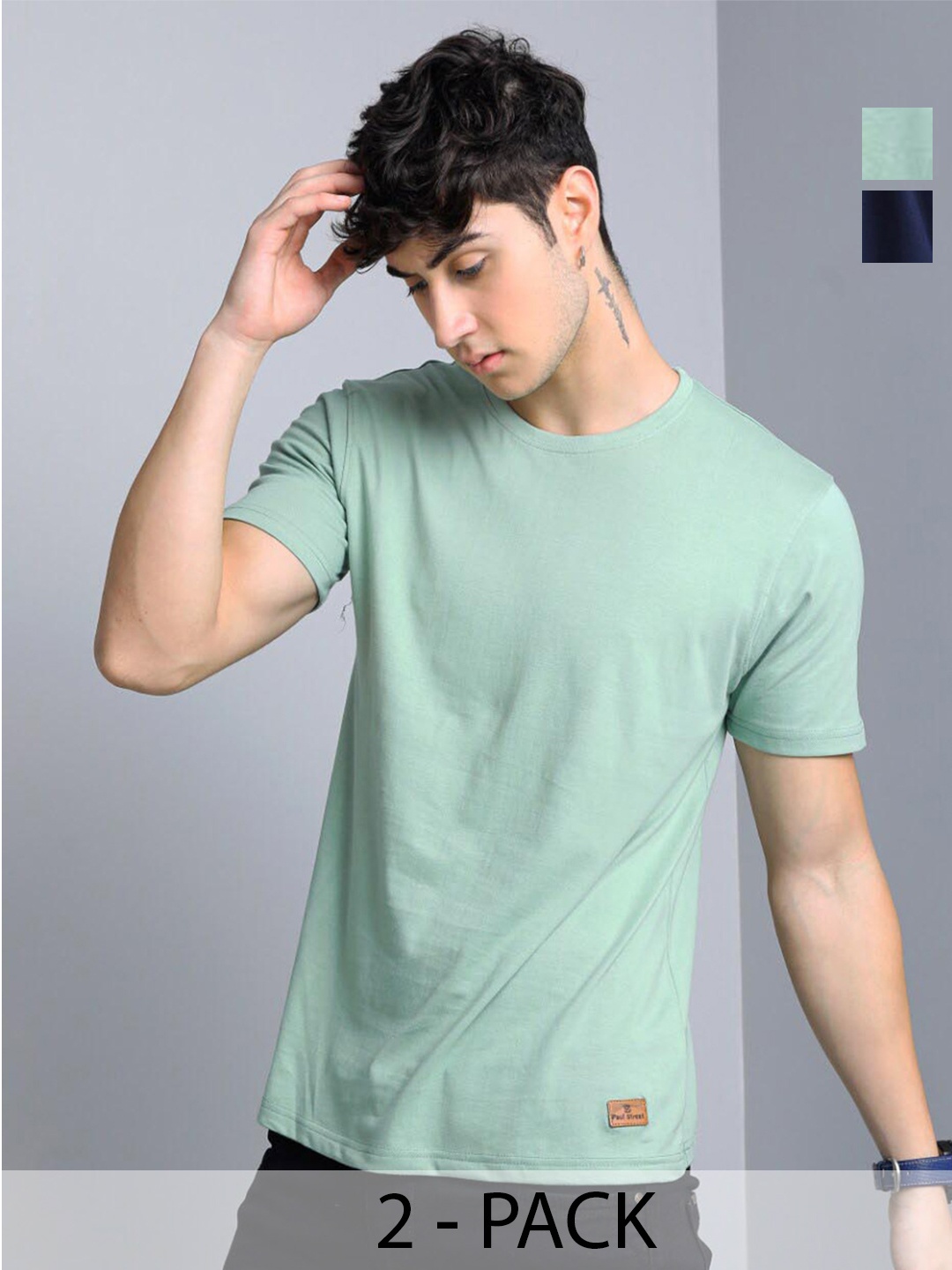 PAUL STREET Pack of 2 Bio Finish Pure Cotton Slim Fit T-shirts, Green