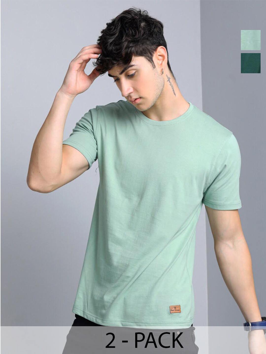 

PAUL STREET Pack of 2 Bio Finish Pure Cotton Slim Fit T-shirts, Green