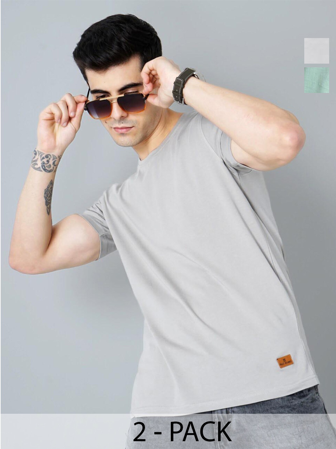 PAUL STREET Pack of 2 Bio Finish Pure Cotton Slim Fit T-shirts, Green