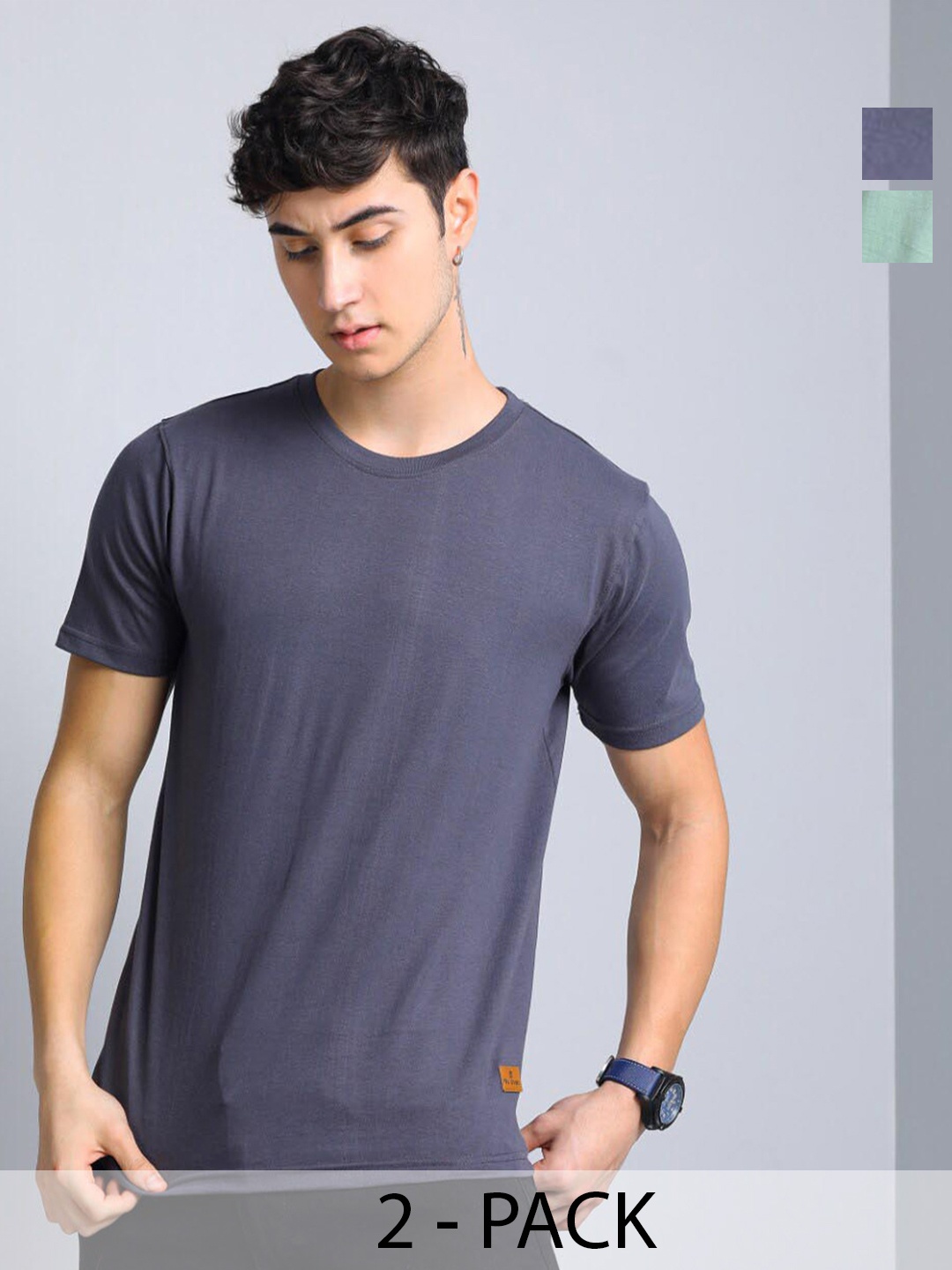 

PAUL STREET Pack of 2 Bio Finish Pure Cotton Slim Fit T-shirts, Green