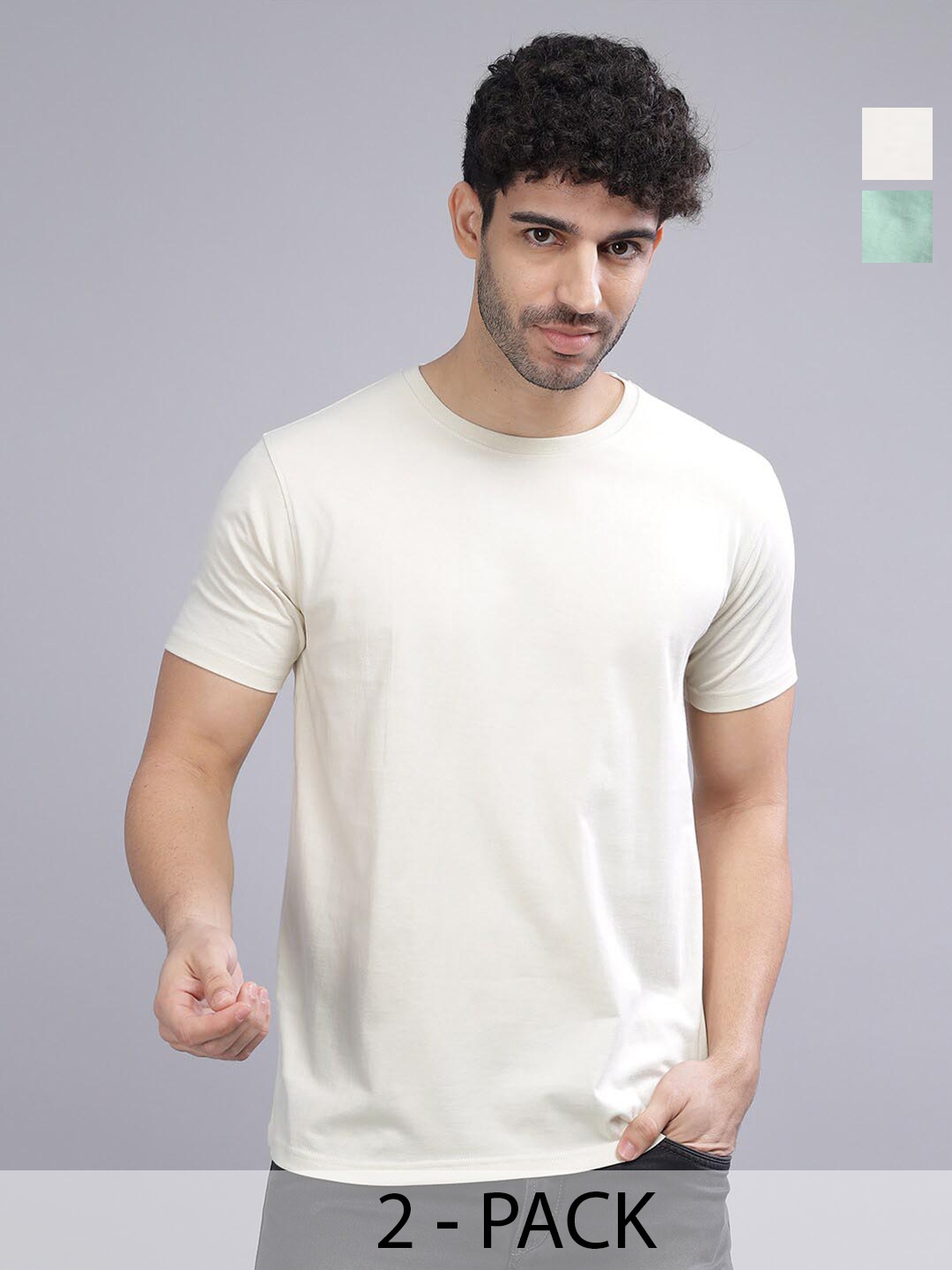 

PAUL STREET Pack of 2 Bio Finish Pure Cotton Slim Fit T-shirts, Green