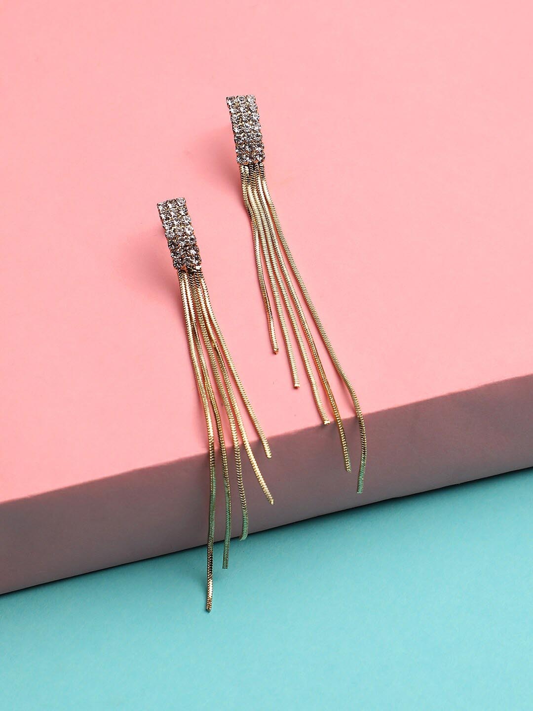 

DressBerry Gold-Toned Gold-Plated Stone-Studded Tasselled Drop Earrings