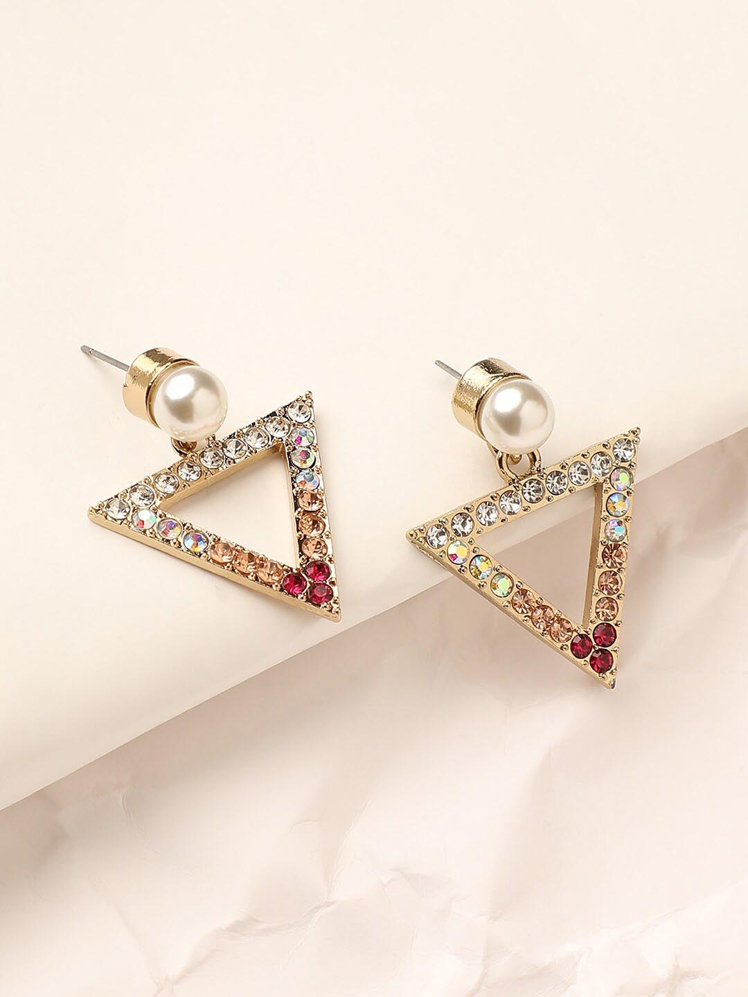 

DressBerry Gold-Plated Stone-Studded Triangular Drop Earrings