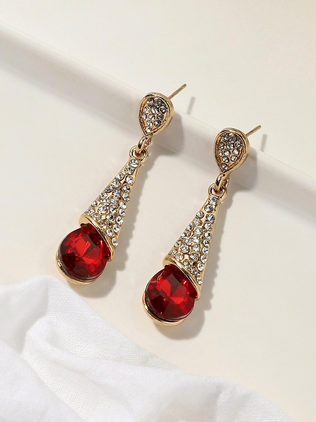

DressBerry Red Stone Studded Gold-Plated Drop Earrings