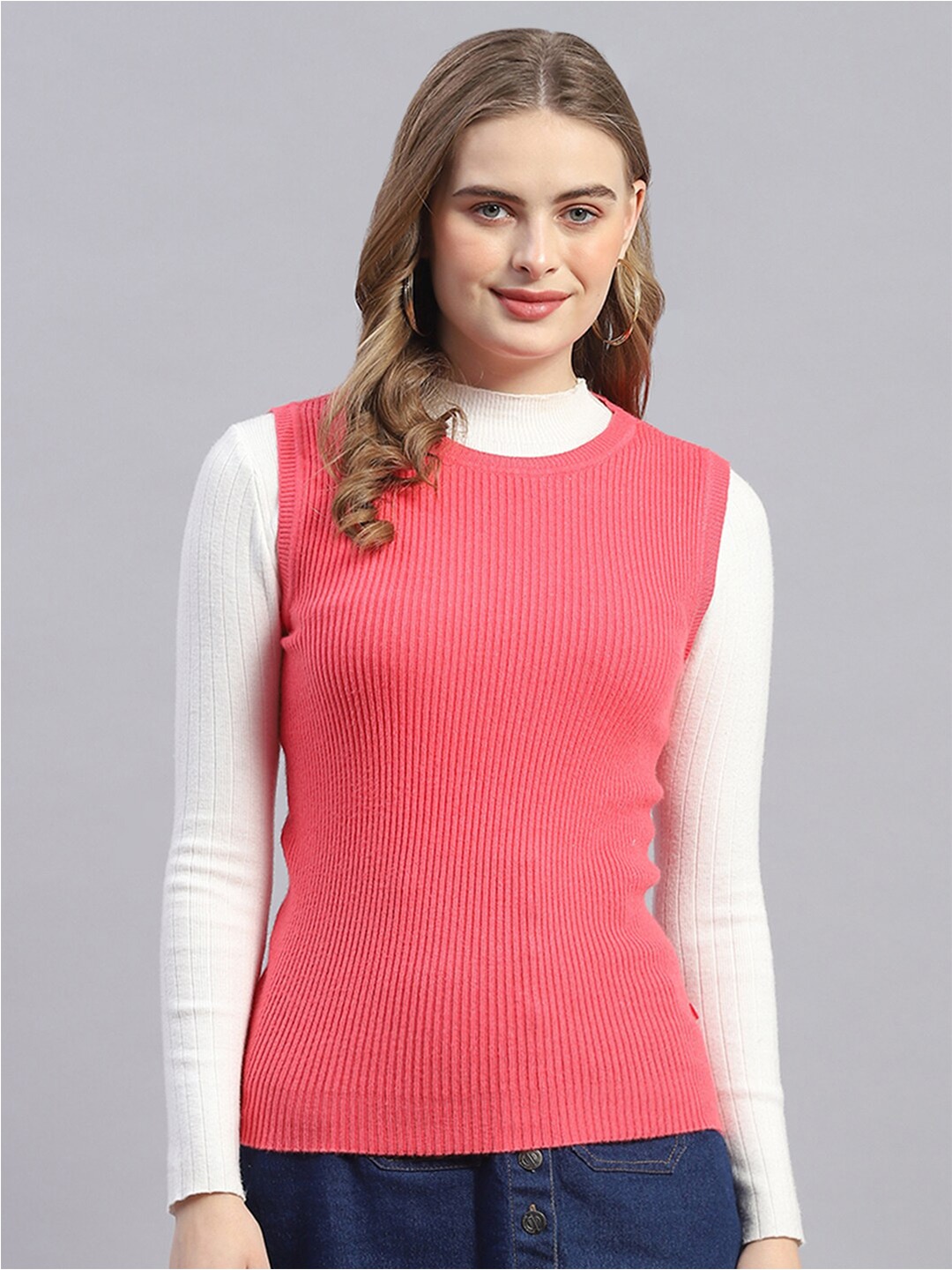 

Monte Carlo Ribbed Round Neck Sweater Vest, Pink