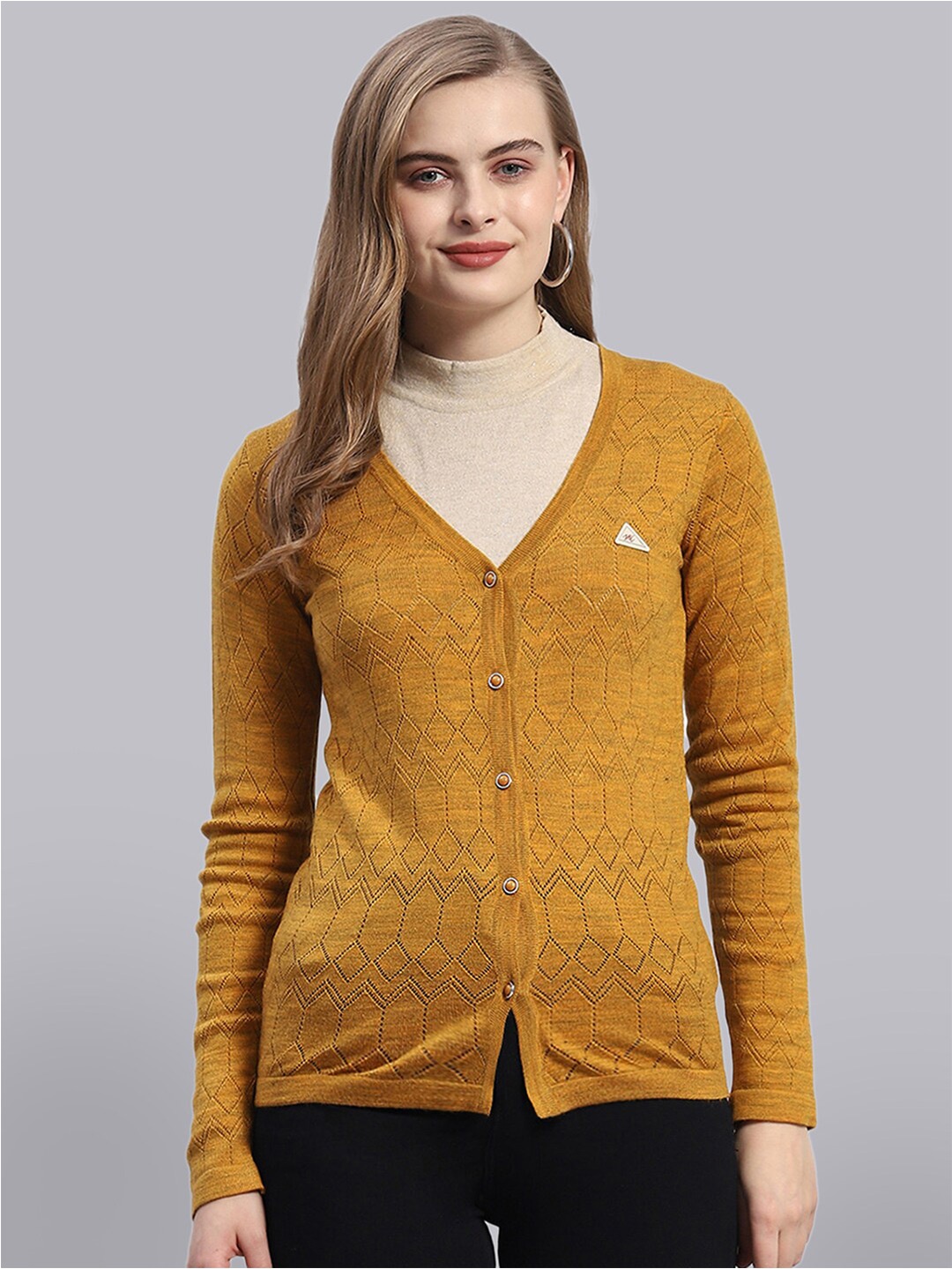 

Monte Carlo Open Knit V-Neck Woollen Cardigan, Mustard