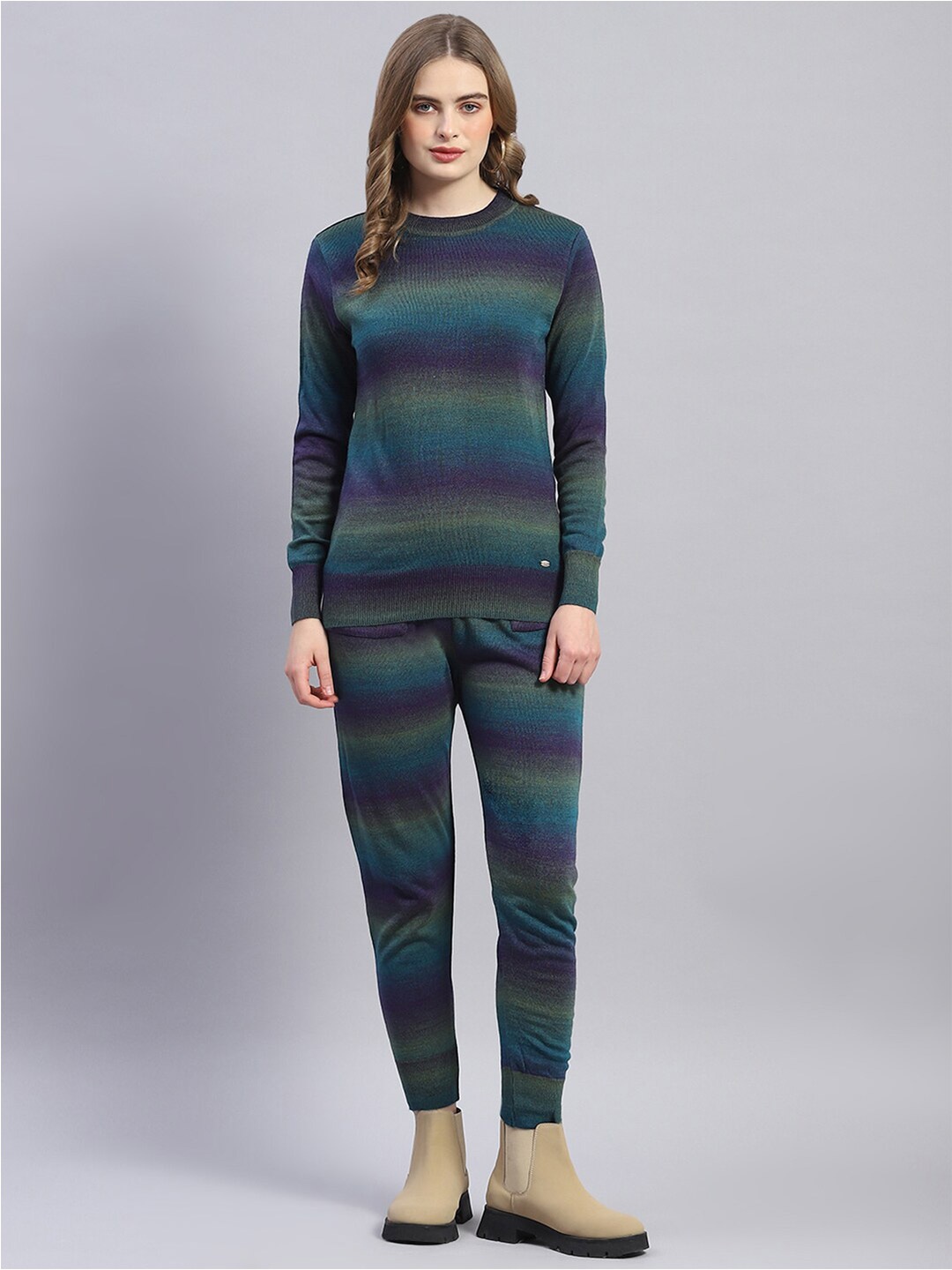 

Monte Carlo Ombre-Knitted Round-Neck Sweatshirt With Trousers Co-Ords, Teal