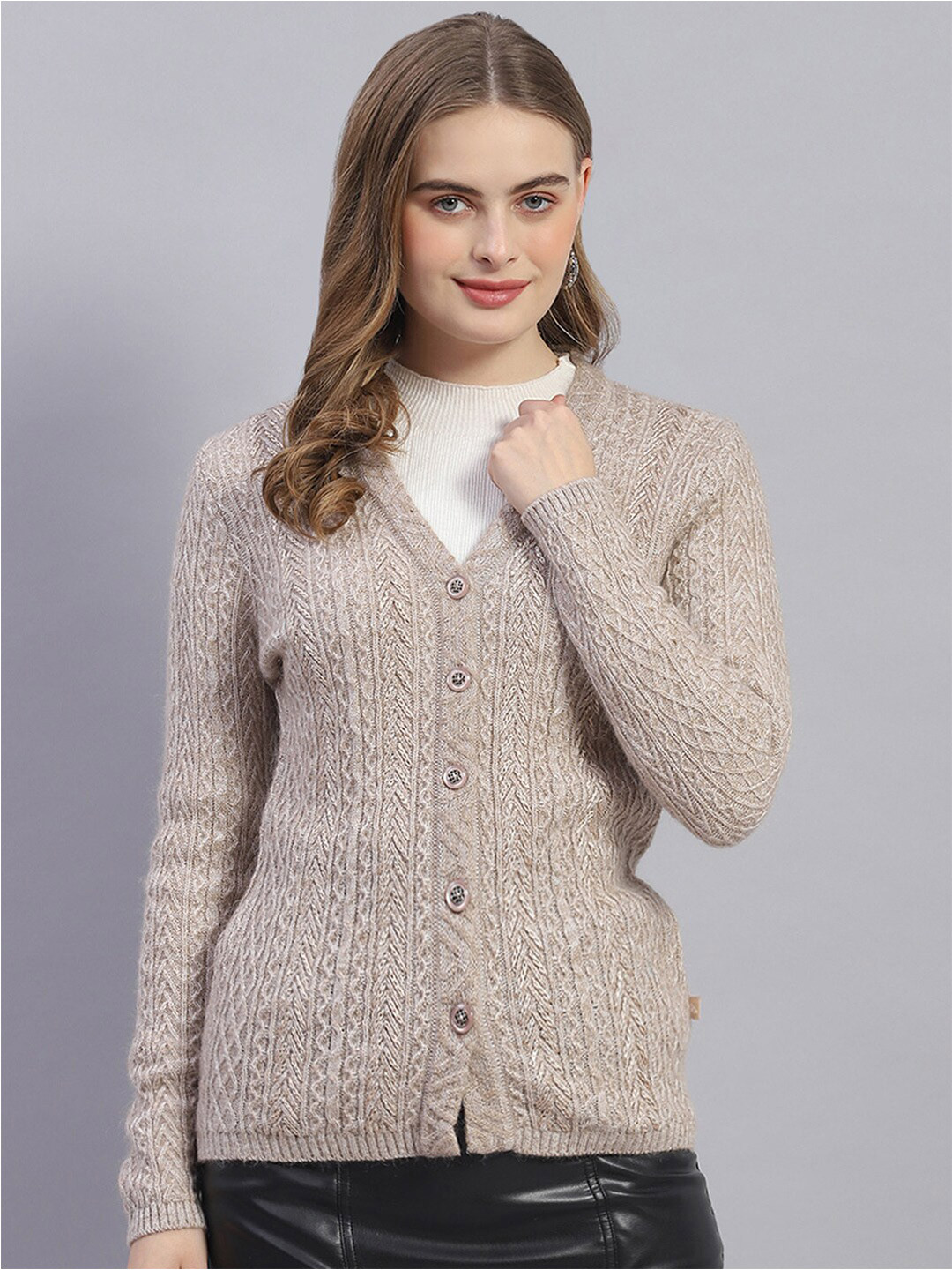 

Monte Carlo Cable Knit V-Neck Woollen Cardigan, Beige