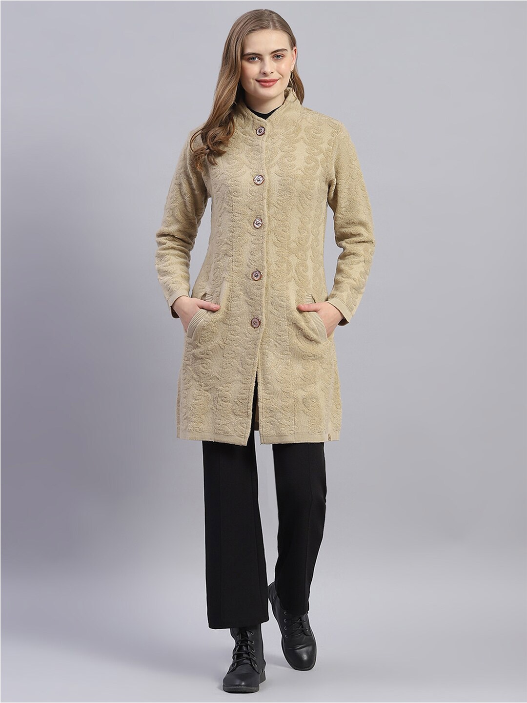 

Monte Carlo Printed Mock Collar Overcoat, Camel brown