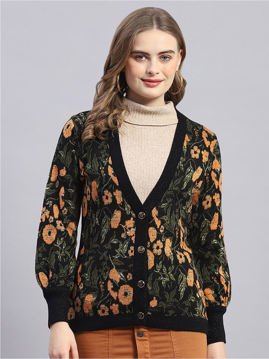 

Monte Carlo Floral Self Design V-Neck Woollen Cardigan, Black
