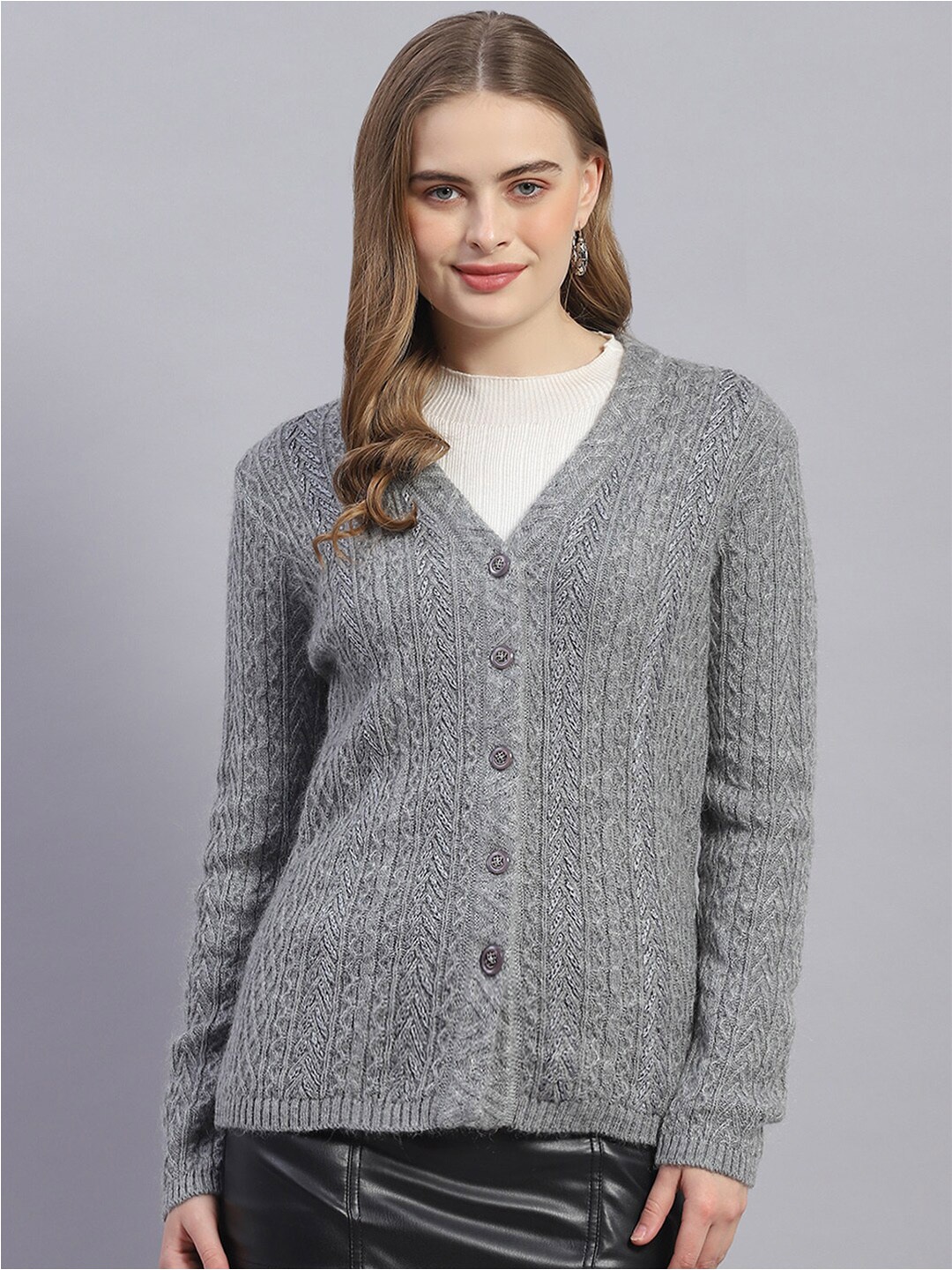 

Monte Carlo Cable Knit Self Design Cardigan, Grey