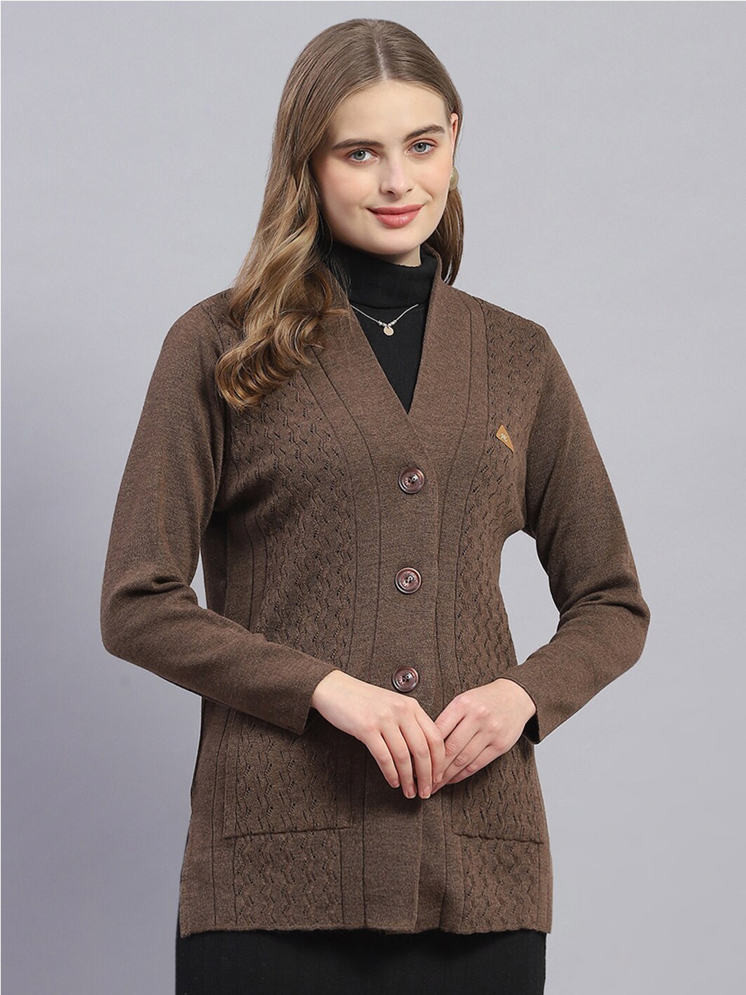 

Monte Carlo Self Design Cable Knit Woollen Cardigan, Coffee brown