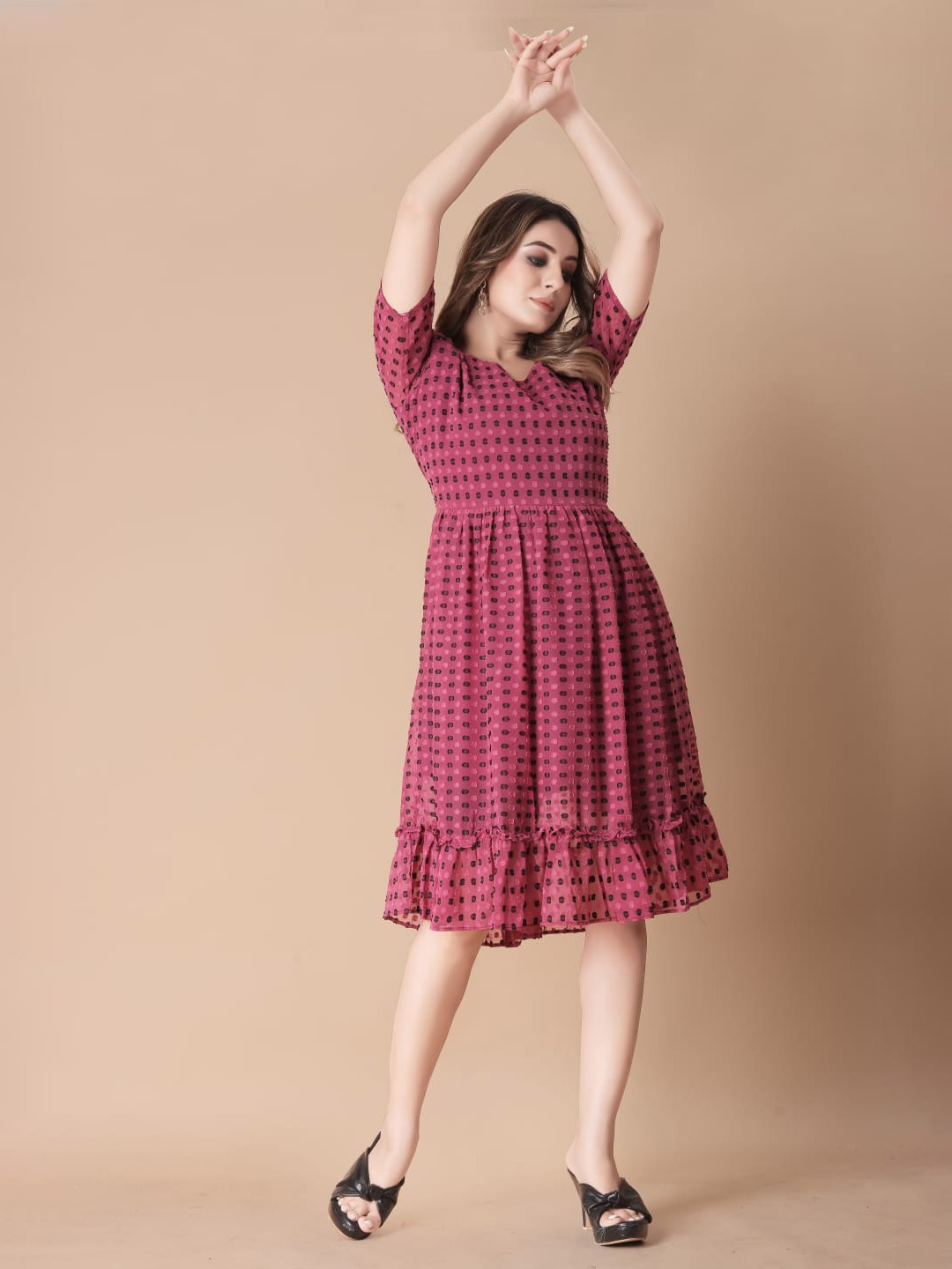 

Jinax Self Design Fit & Flare Dress, Maroon