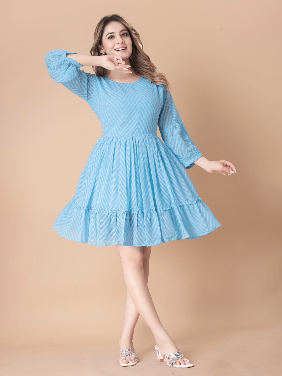 

Jinax Printed Puff Sleeves Tiered Crepe A Line Dress, Turquoise blue