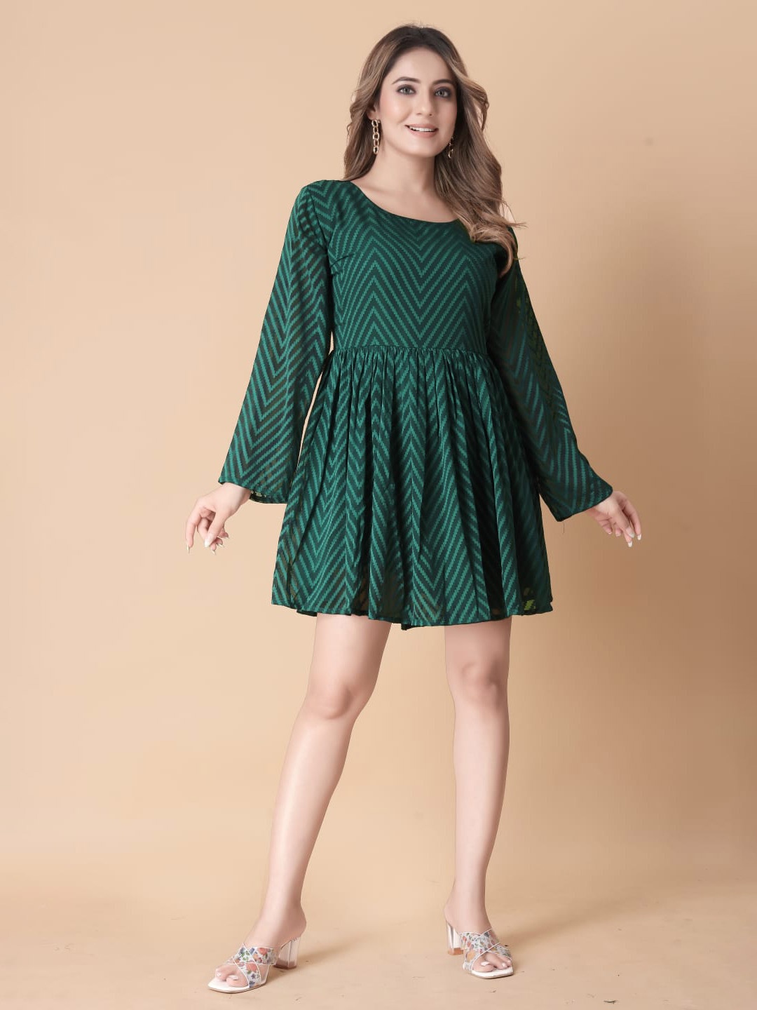 

Jinax Print Flared Sleeves Crepe A-Line Dress, Green