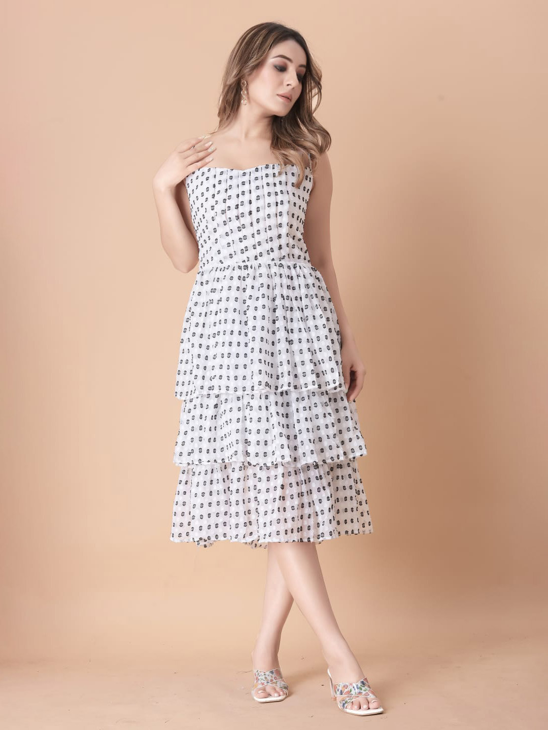 

Jinax Print Layered Crepe A-Line Midi Dress, White