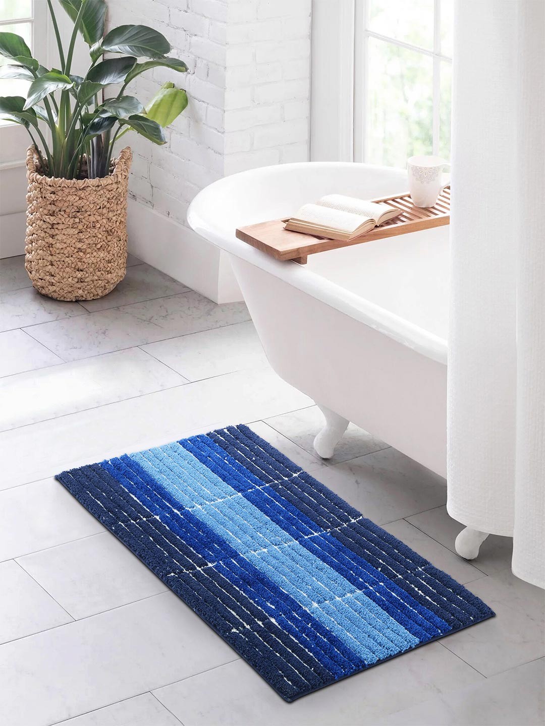 

OBSESSIONS Blue & White Printed 2000 GSM Anti Skid Bath Rug
