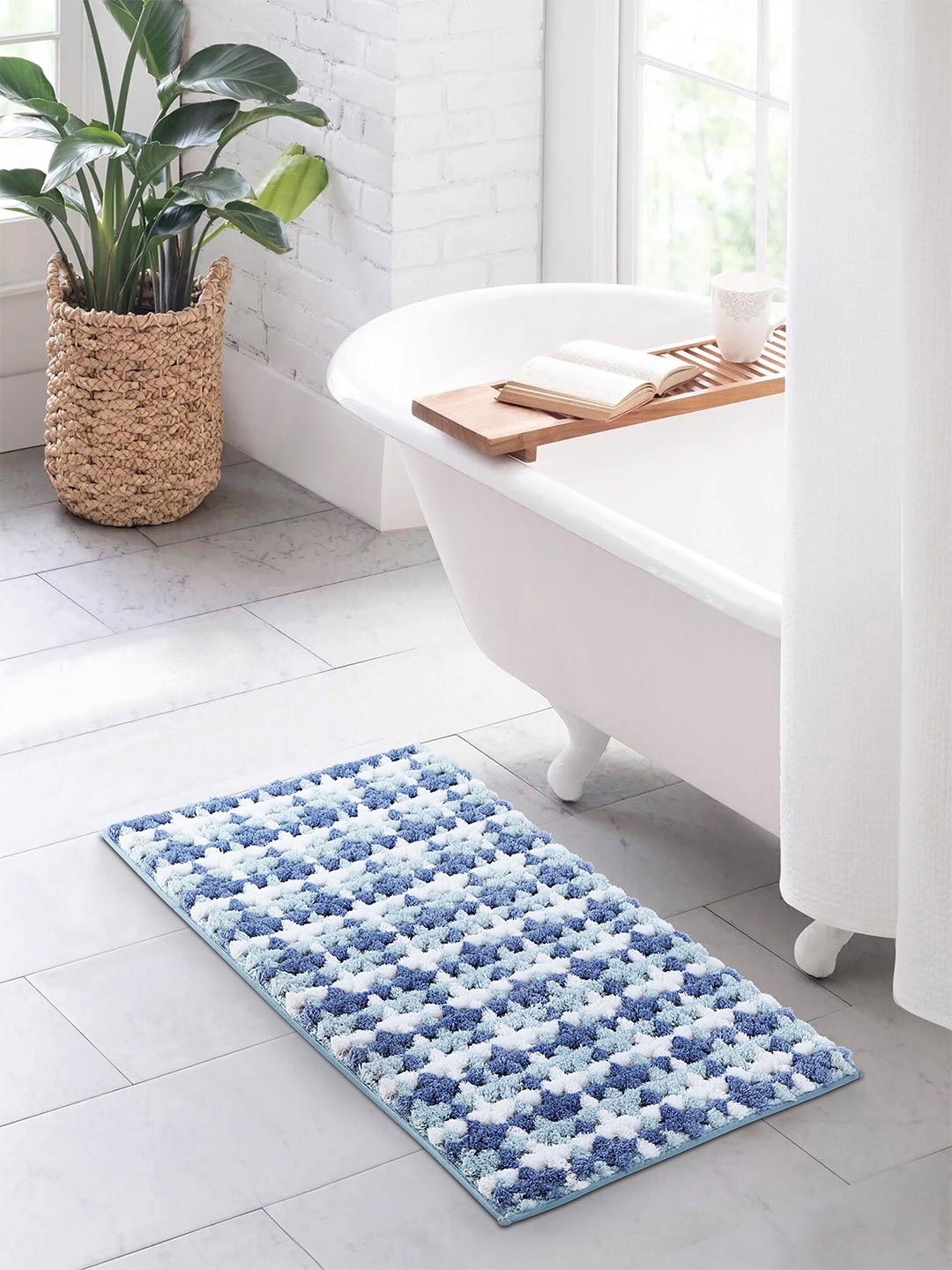 

OBSESSIONS Blue & White Printed 2000 GSM Anti Skid Bath Rug