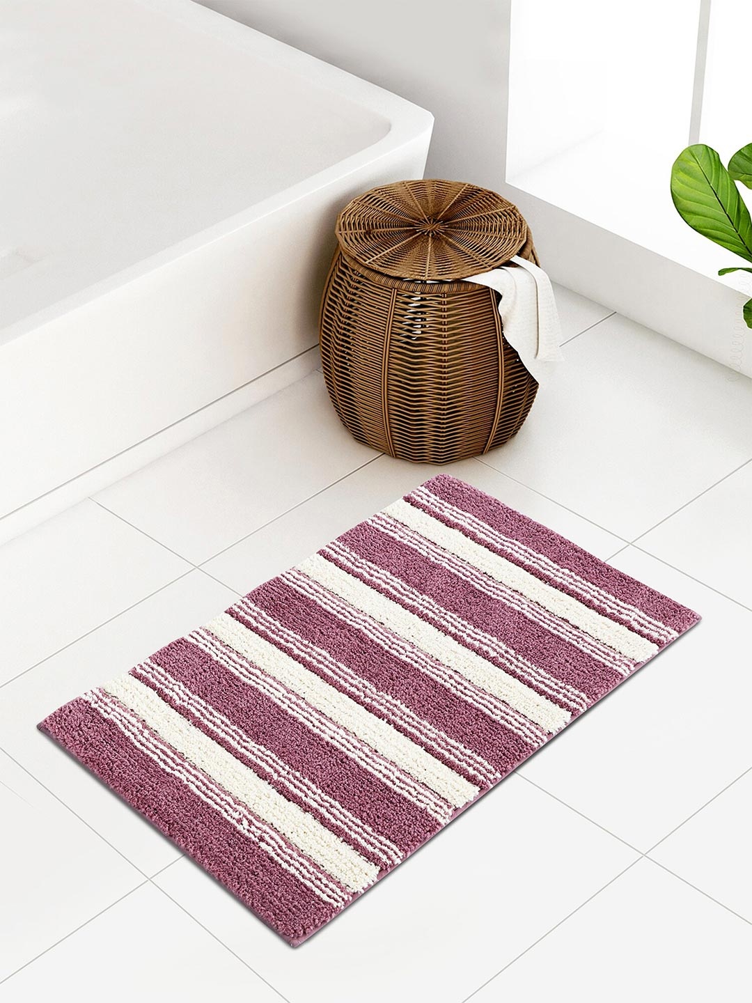 

OBSESSIONS Magenta & White Striped Pattern Rectangle 2000 GSM Anti Skid Bath Rug