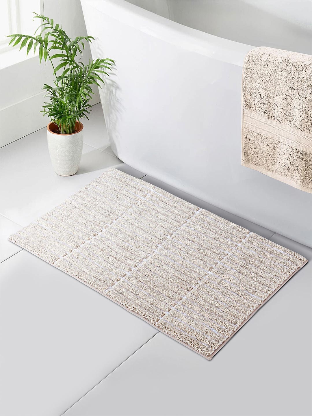 

OBSESSIONS Beige Textured 2000 GSM Anti Skid Bath Rug