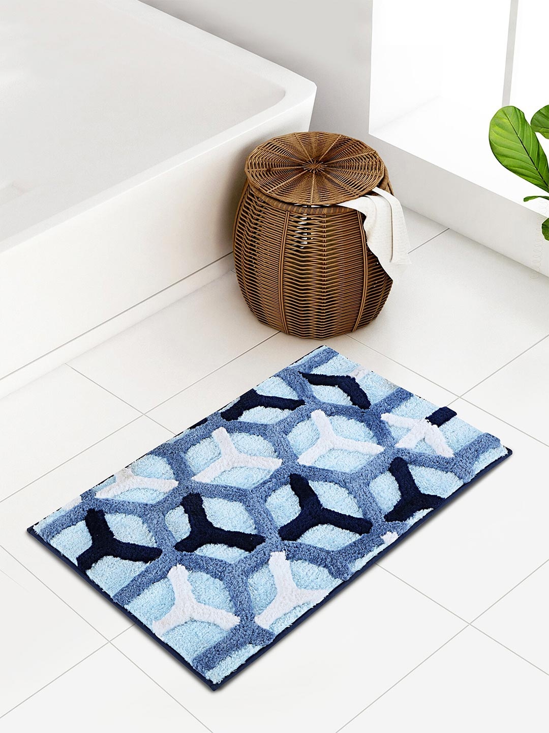 

OBSESSIONS Blue & White Printed 2000 GSM Anti Skid Bath Rug