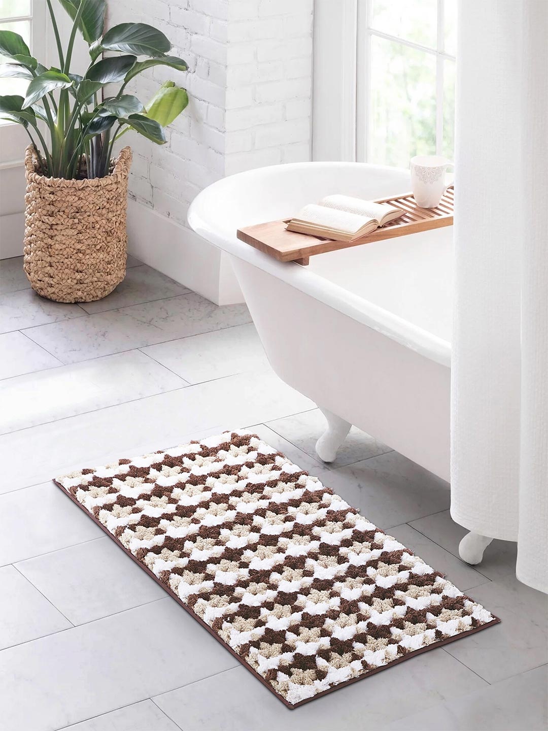 

OBSESSIONS Beige & Brown Printed 2000 GSM Anti Skid Bath Rug