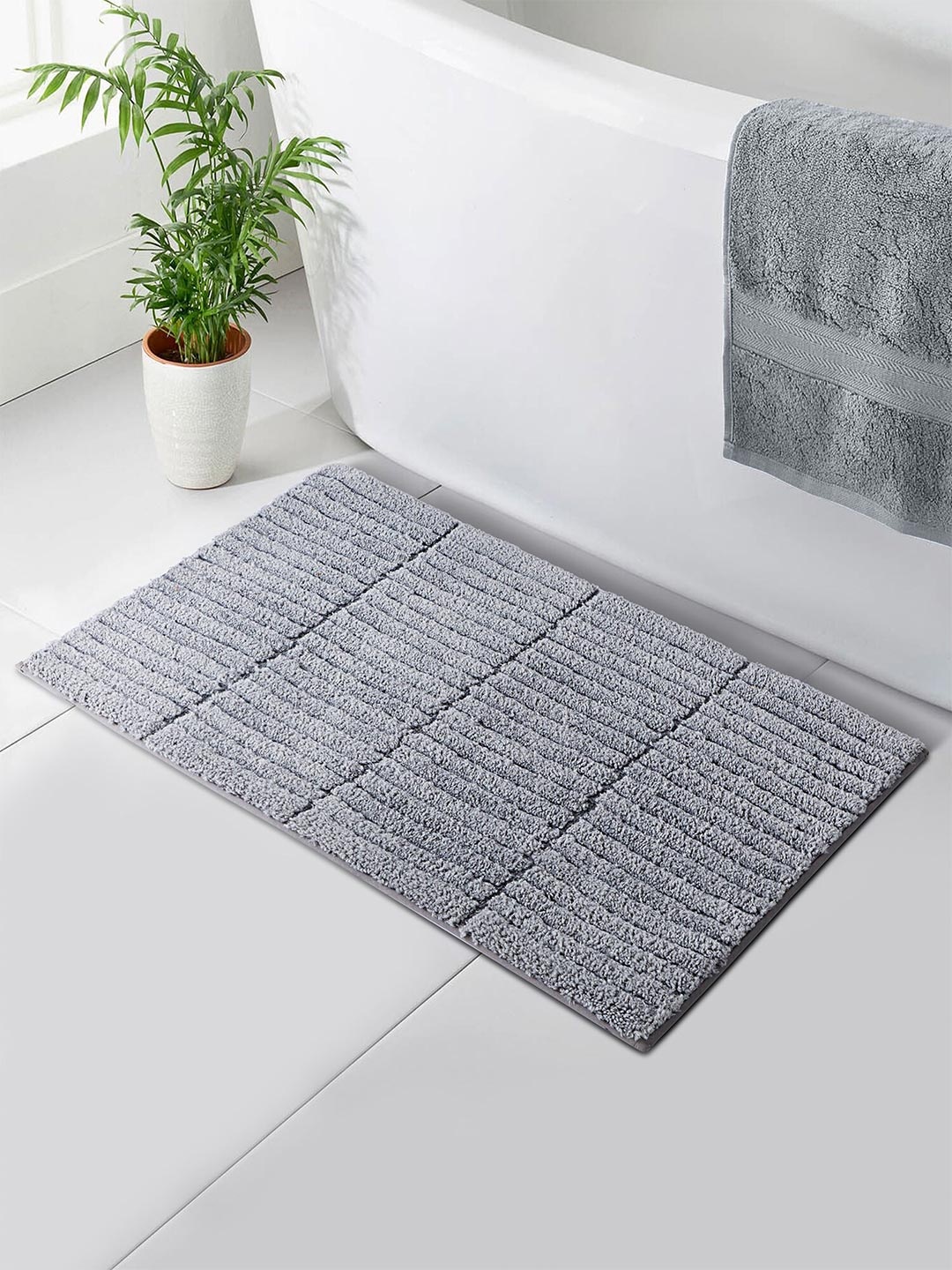 

OBSESSIONS Grey Textured 2000 GSM Anti Skid Bath Rug