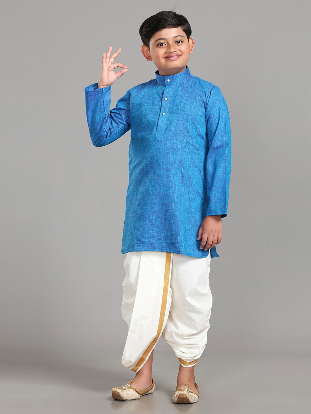 

ALAYA Boys Band Collar Long Sleeves Regular Kurta with Dhoti Pants, Blue