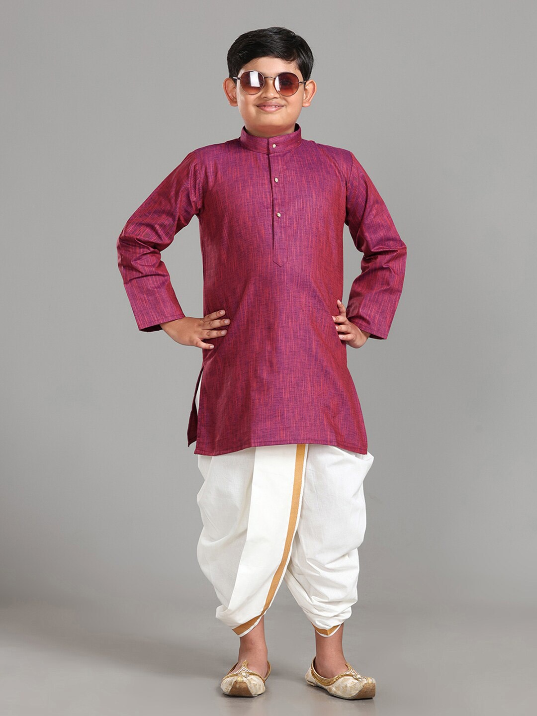 

ALAYA Boys Band Collar Long Sleeves Regular Kurta with Dhoti Pants, Purple