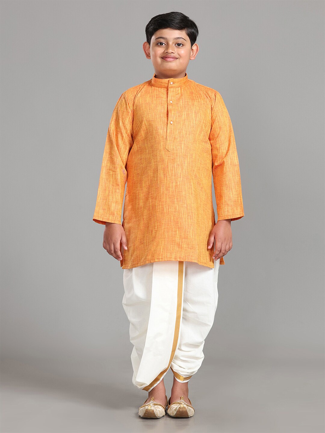 

ALAYA Boys Band Collar Long Sleeves Regular Kurta with Dhoti Pants, Orange