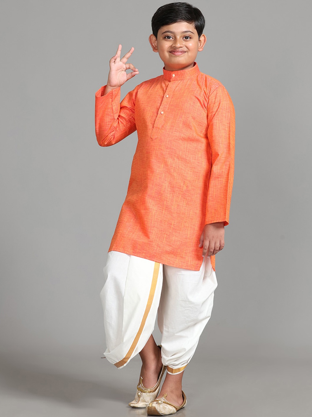 

ALAYA Boys Band Collar Kurta with Readymade Panchakacham Dhoti, Orange