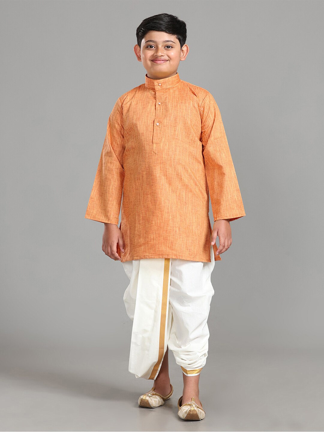 

ALAYA Boys Band Collar Long Sleeves Regular Kurta with Dhoti Pants, Orange