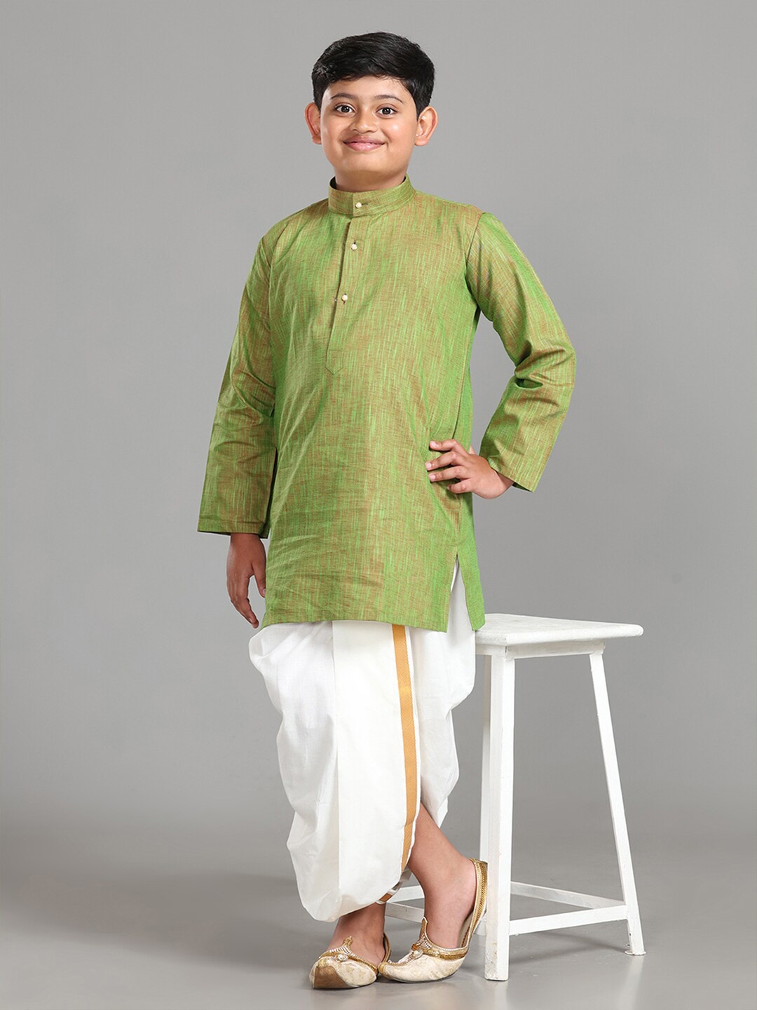 

ALAYA Boys Mandarin Collar Regular Kurta With Dhoti Pant, Green