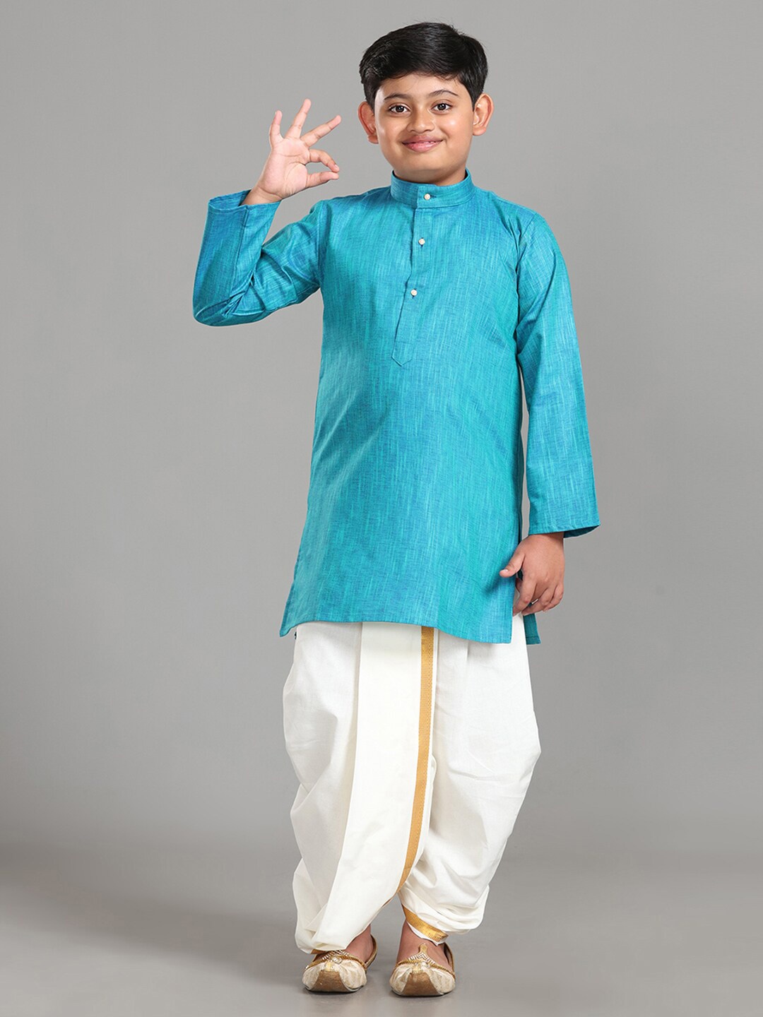 

ALAYA Boys Band Collar Long Sleeves Regular Kurta with Dhoti Pants, Blue