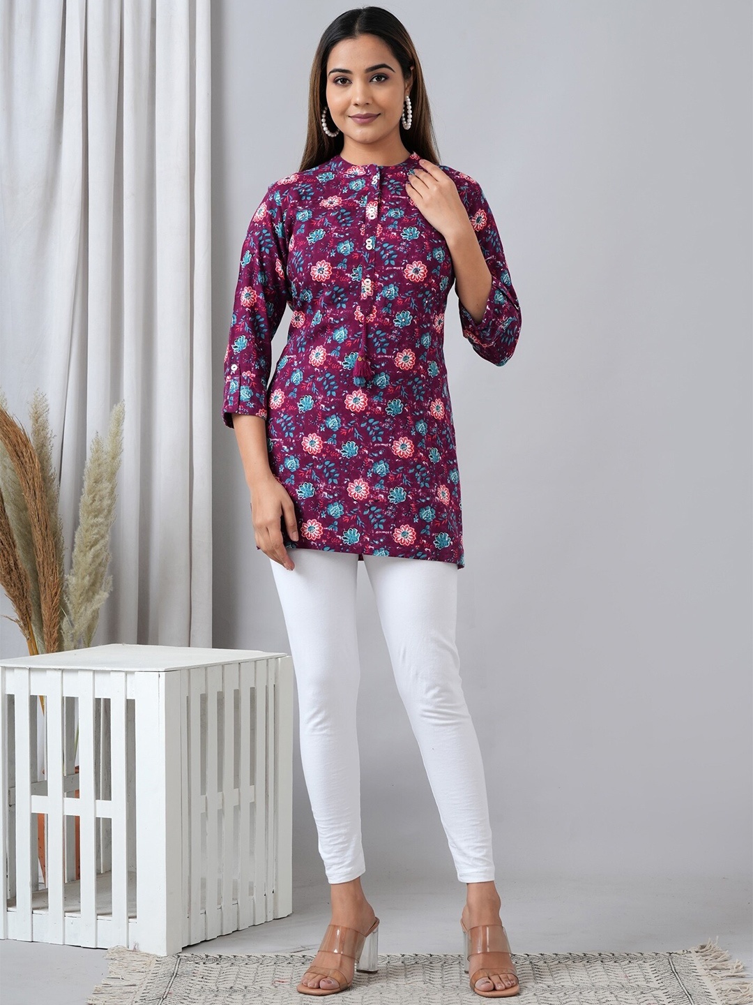 

HERE&NOW Floral Printed Liva Kurti, Purple