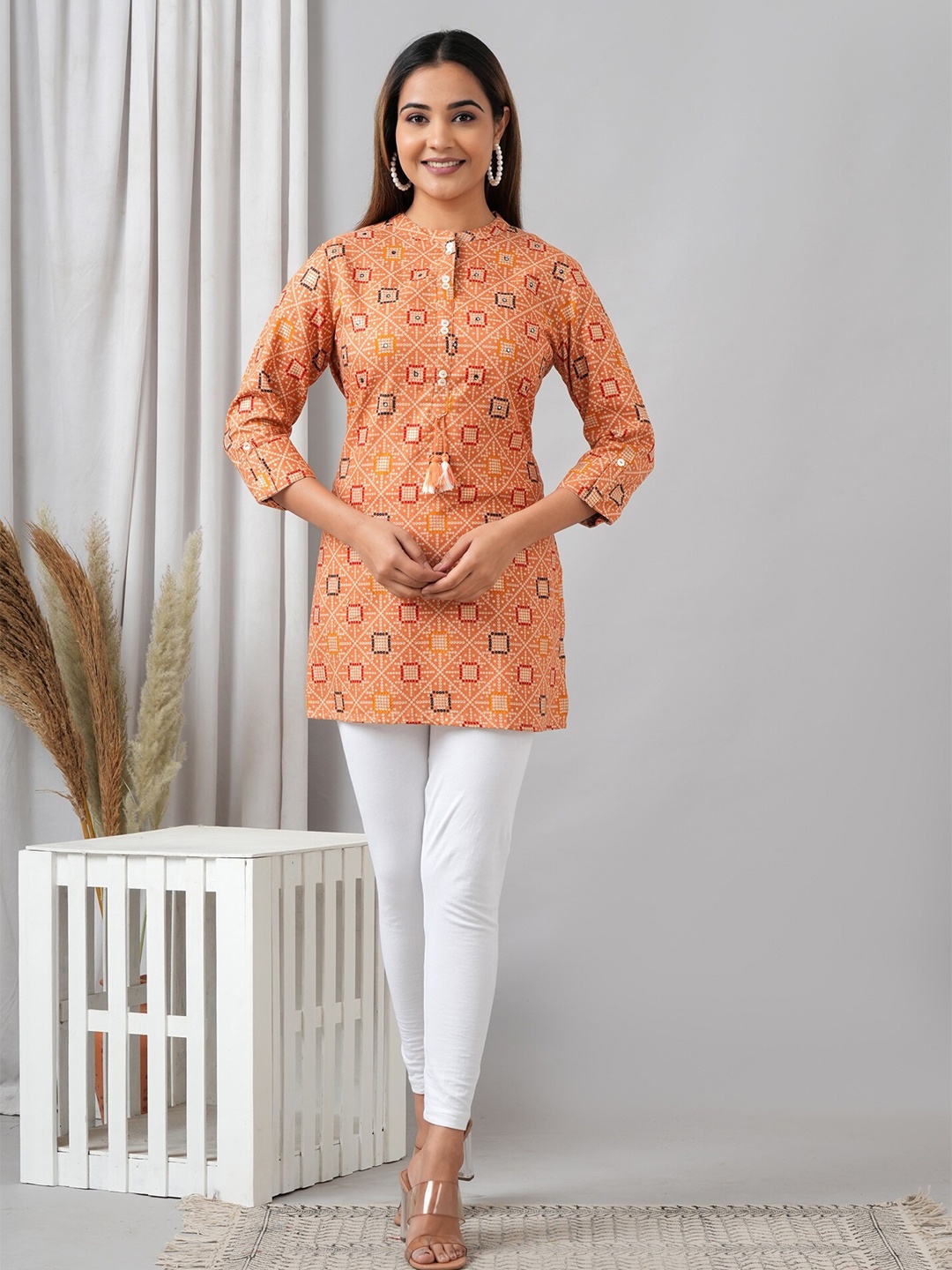 

HERE&NOW Ethnic Motifs Printed Liva Kurti, Orange