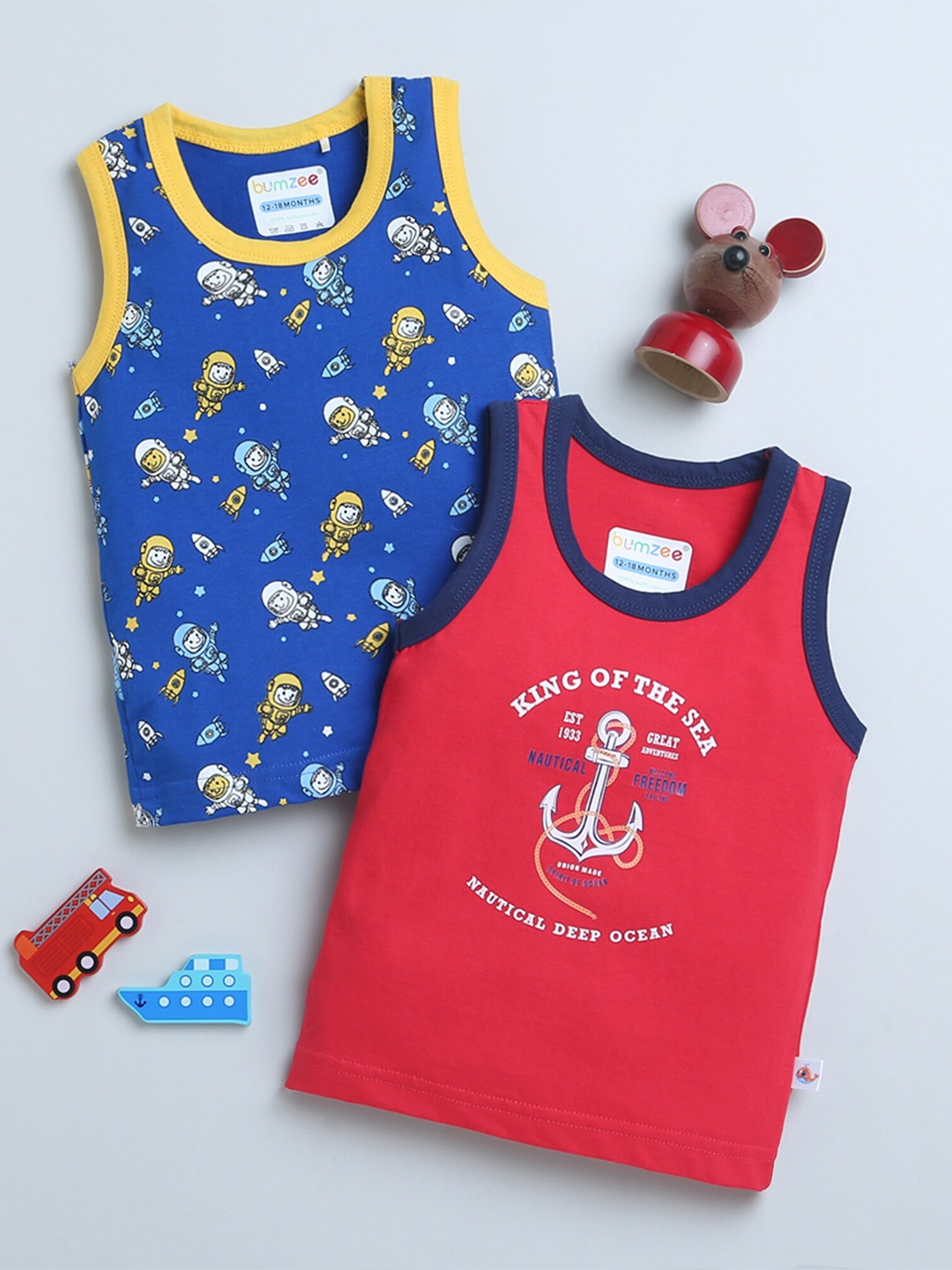 

BUMZEE Infants Boys Pack Of 2 Printed Pure Cotton Vests Peb8892, Blue