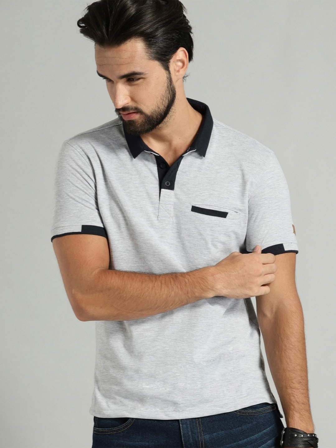 

The Roadster Lifestyle Co. Contrast Polo Collar Pure Cotton Tshirt, Grey melange