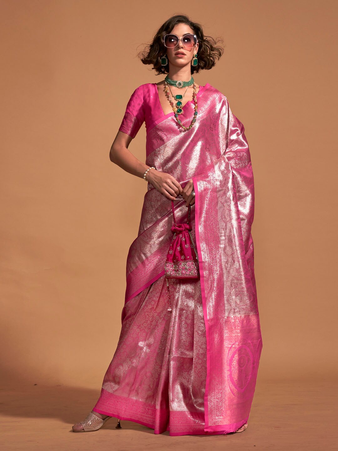 

Mitera Paisley Designer Kanjeevaram Saree, Pink