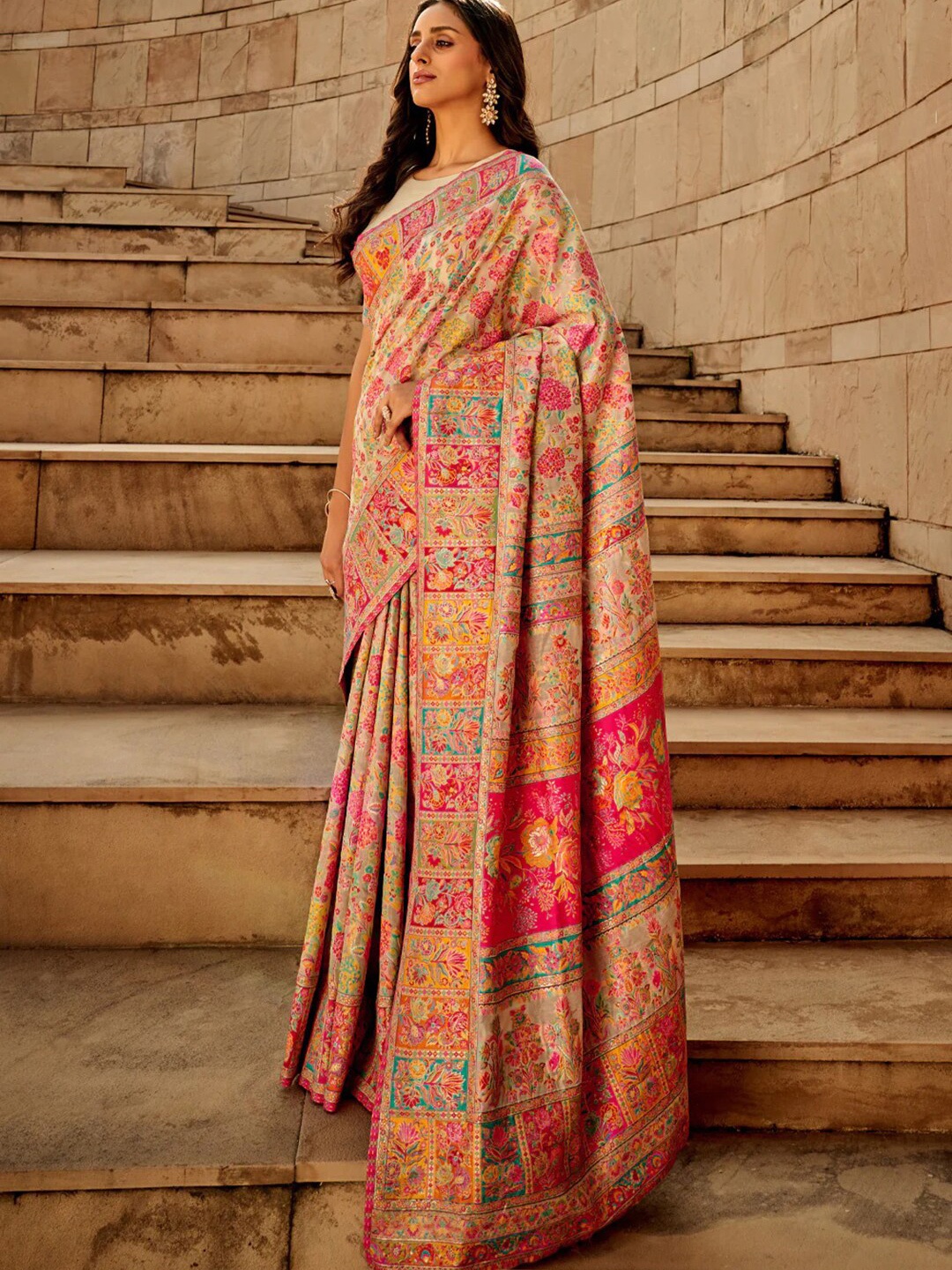 

Mitera Floral Designer Banarasi Saree, Beige