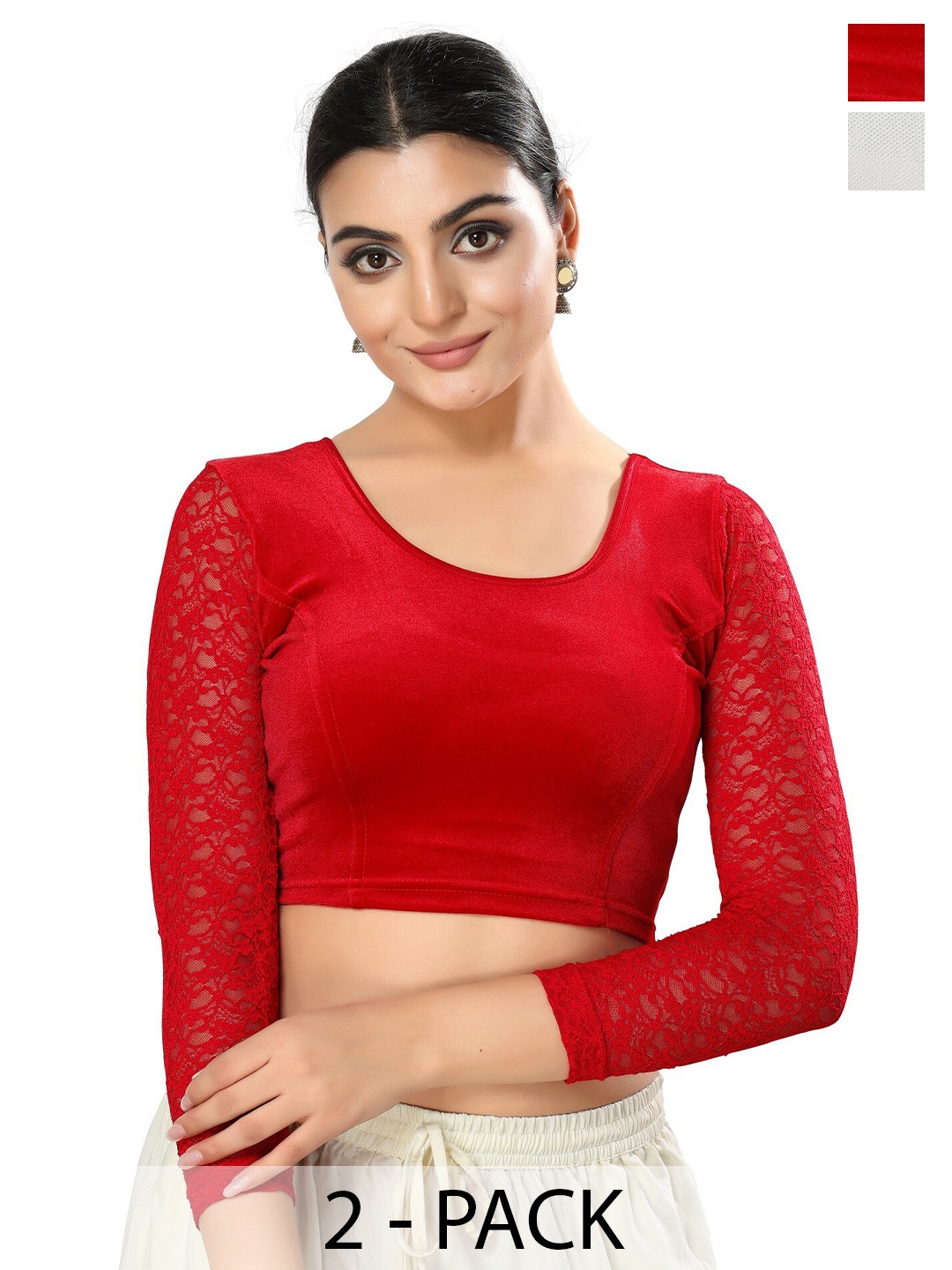 

SALWAR STUDIO Pack Of 2 Readymade Lycra Saree Blouses, Red
